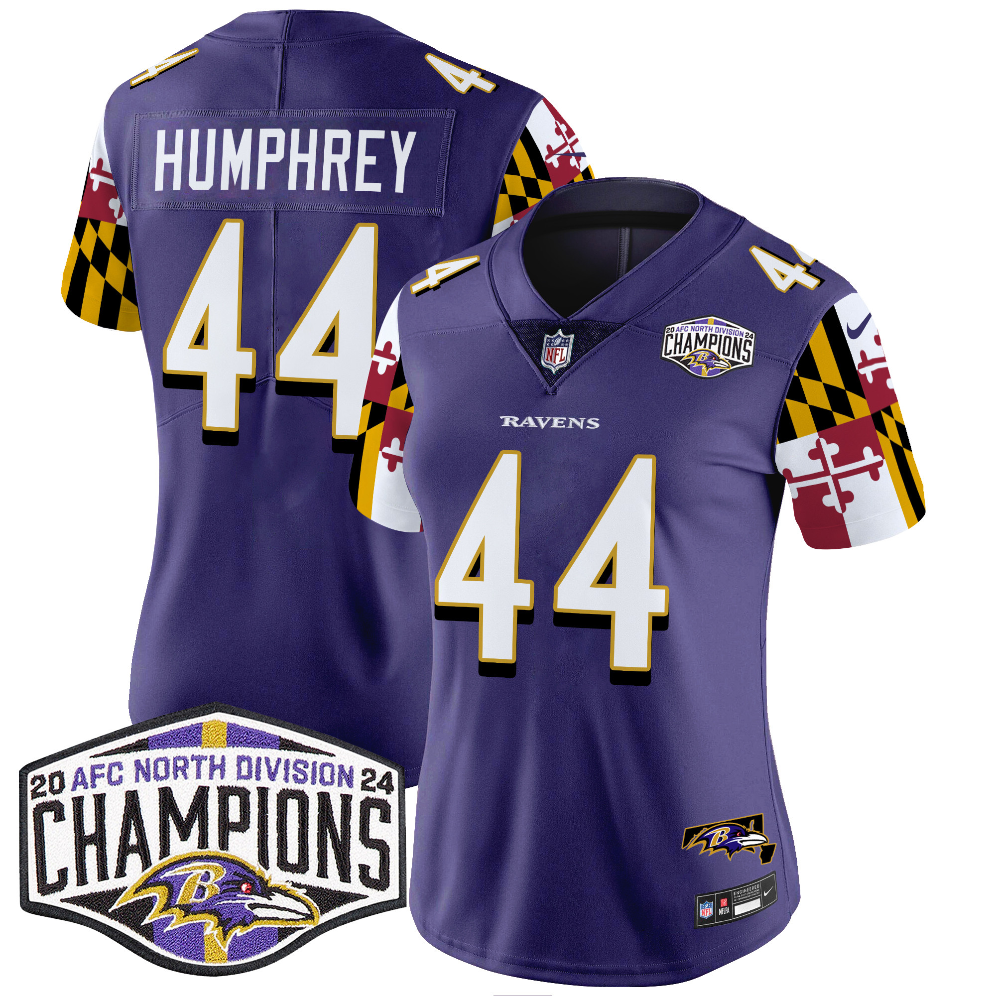 Marlon Humphrey Women's Baltimore Ravens Maryland Flag 2024 AFC North Division Champions Patch Vapor Limited Purple Jersey - All Stitched