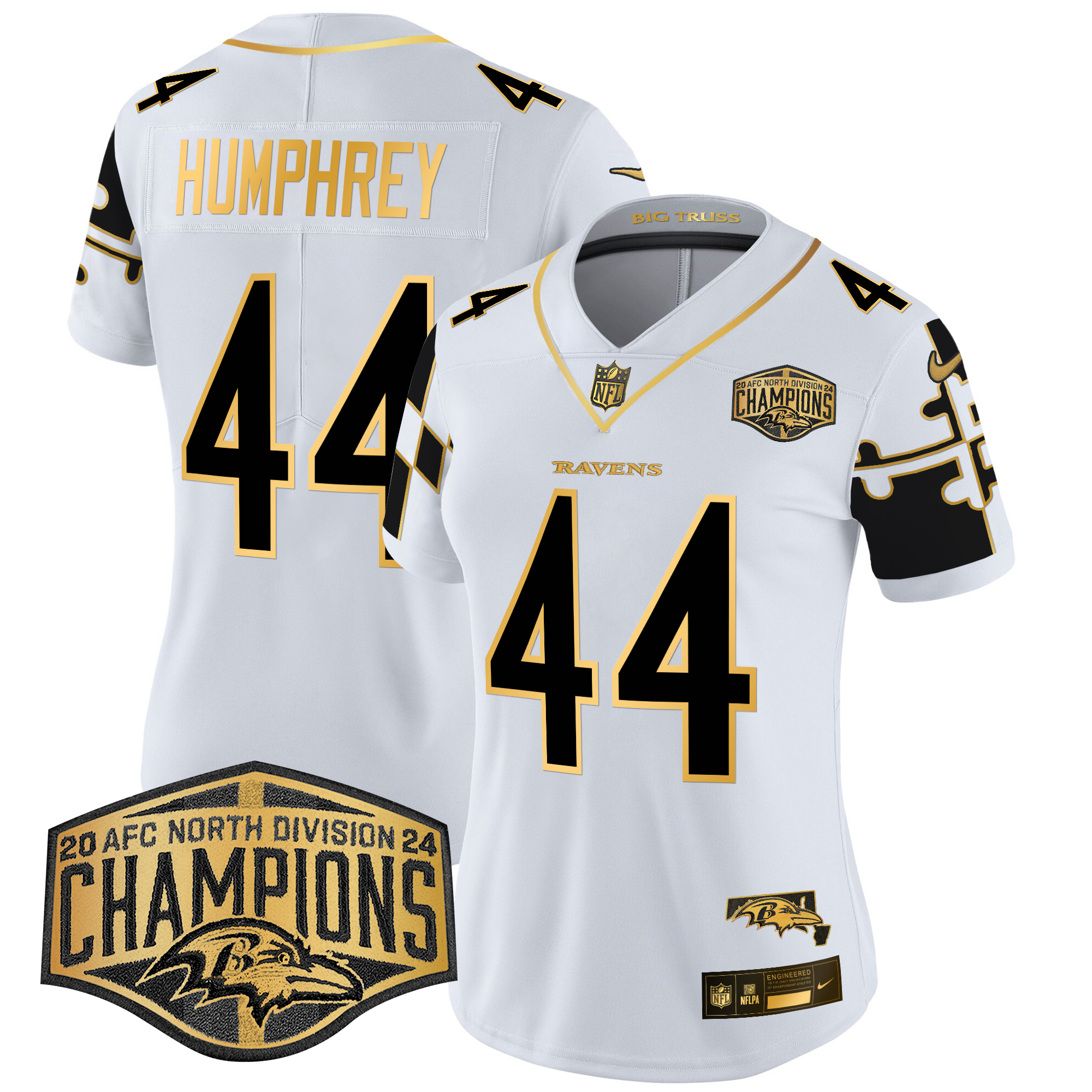Marlon Humphrey Women's Baltimore Ravens Maryland Flag Map 2024 AFC North Division Champions Patch Gold Vapor Limited White Gold Jersey - All Stitched