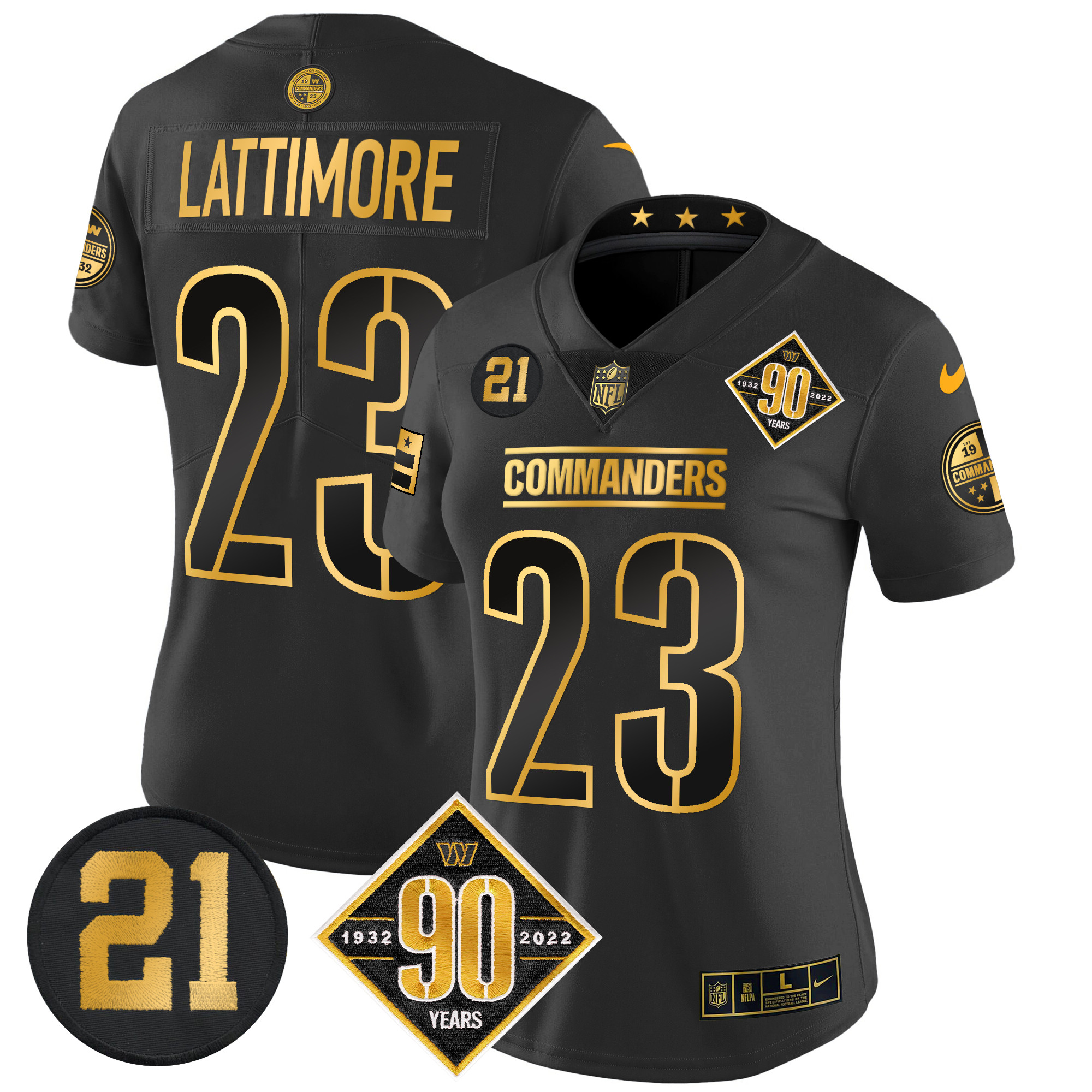 Marshon Lattimore Women's Washington Commanders 90th & Sean Taylor Patch Gold Vapor Limited Black Gold Jersey - All Stitched