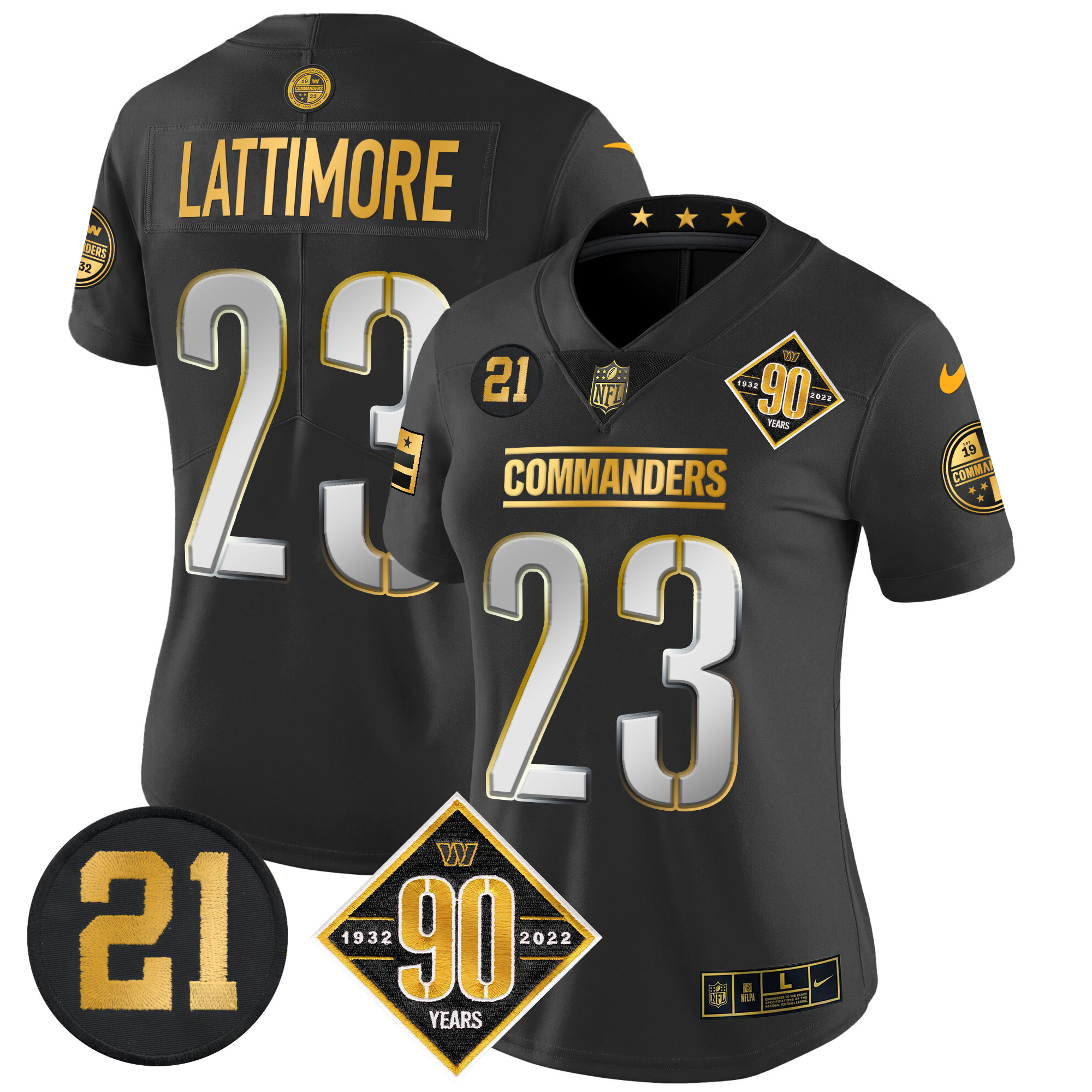 Marshon Lattimore Women's Washington Commanders 90th & Sean Taylor Patch Gold Vapor Limited Black Limited Jersey - All Stitched
