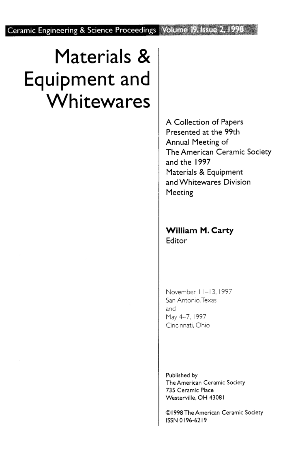 Materials and Equipment - Whitewares Ceramic Engineering and Science Proceedings, Volume 19, Issue 2 1st Edition â€“ PDF/EPUB Version Downloadable