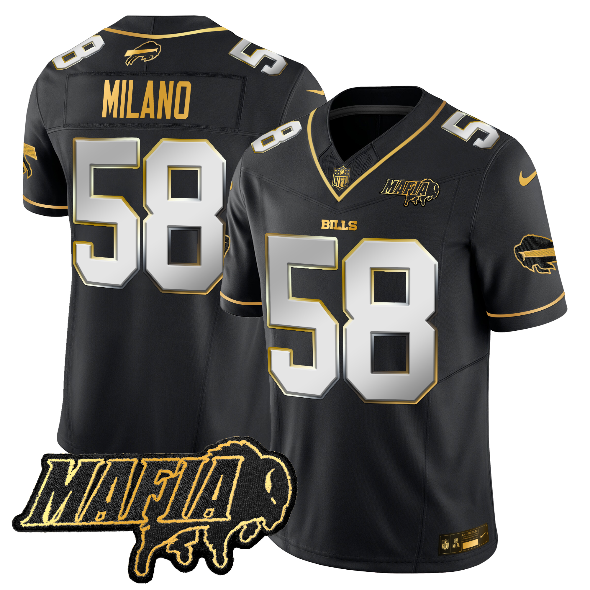 Matt Milano Men's Buffalo Bills 2024 Buffalo Bills Mafia Patch Gold Vapor Limited Black Limited Jersey - All Stitched