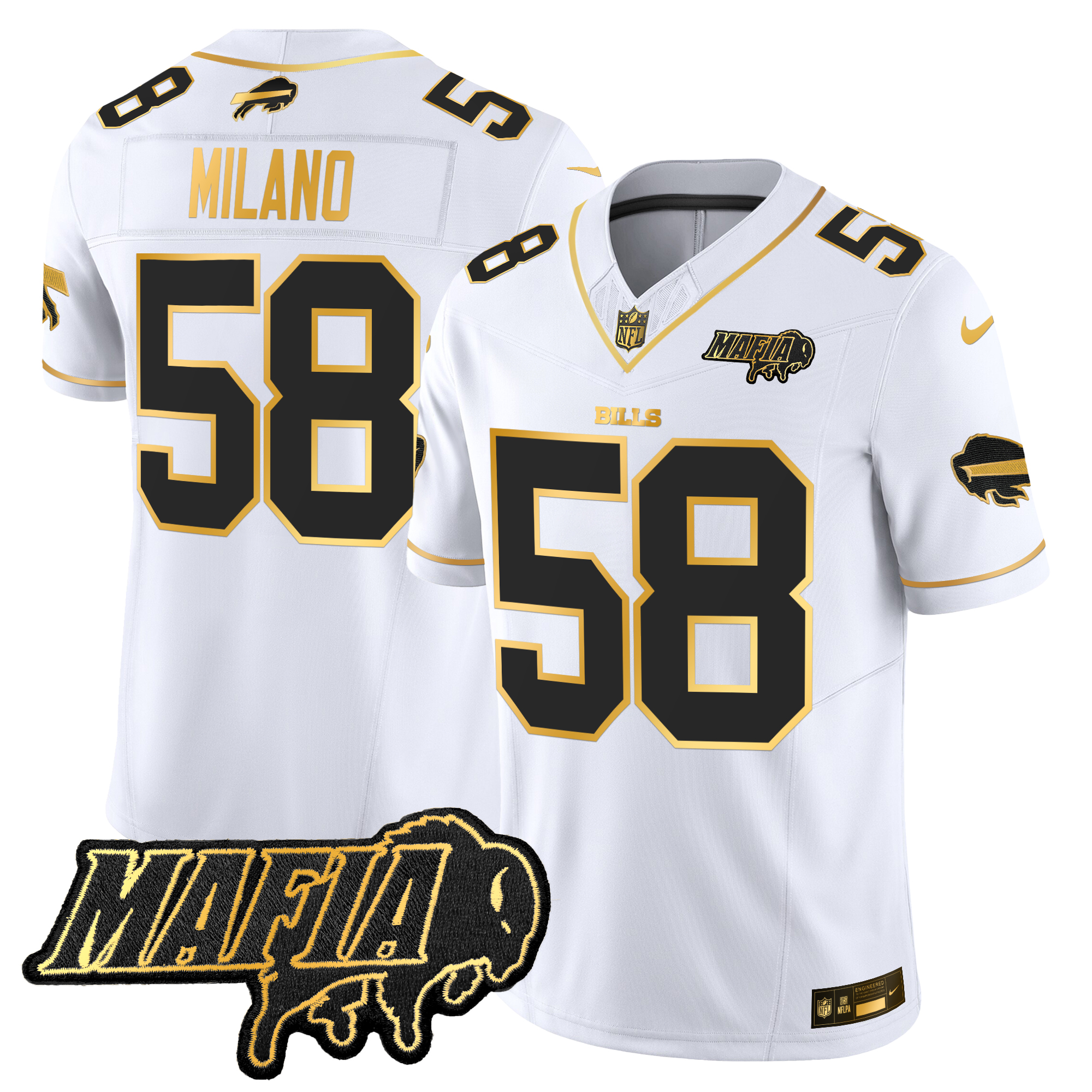 Matt Milano Men's Buffalo Bills 2024 Buffalo Bills Mafia Patch Gold Vapor Limited White Gold Jersey - All Stitched
