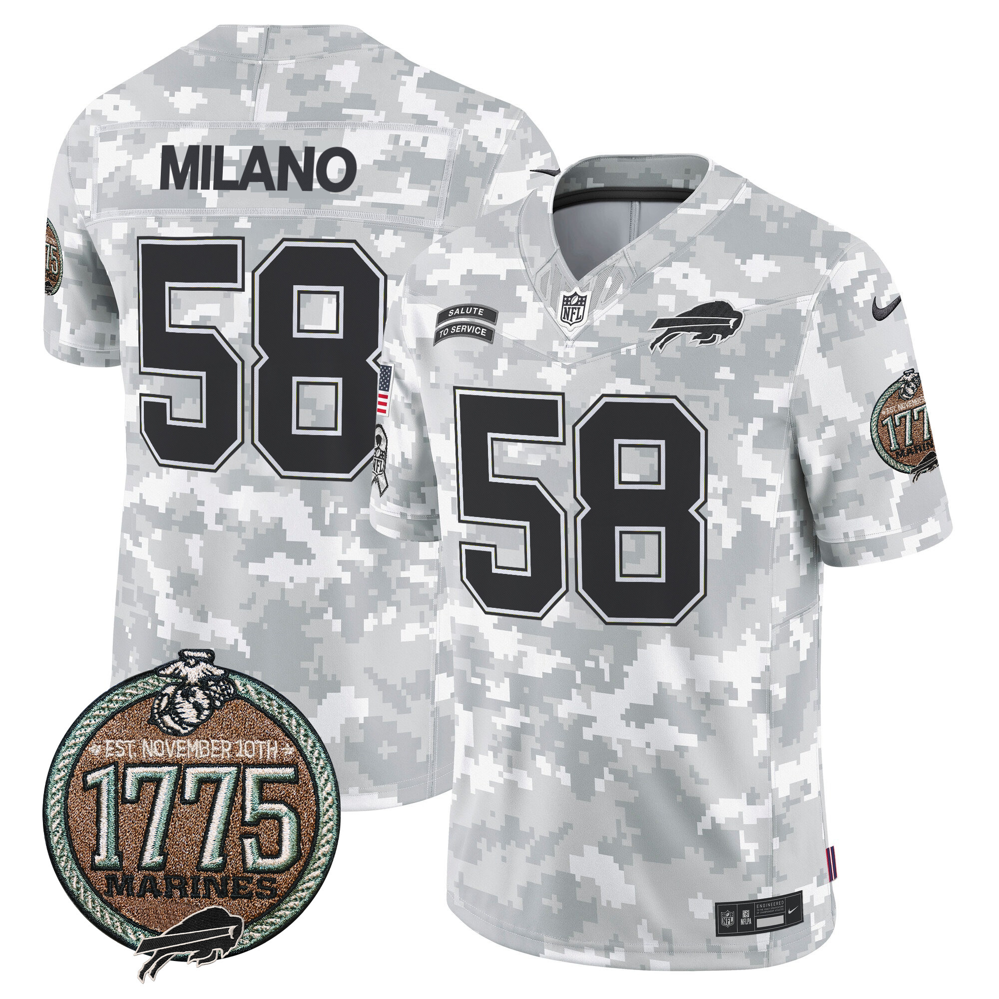 Matt Milano Men's Buffalo Bills 2024 Salute to Service Establishment Year Patch Vapor Limited Marines Jersey - All Stitched