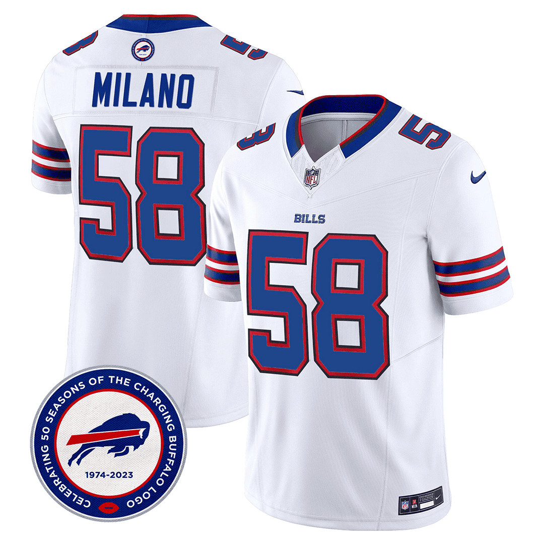 Matt Milano Men's Buffalo Bills 50th Charging Logo Patch Vapor Limited White Jersey - All Stitched