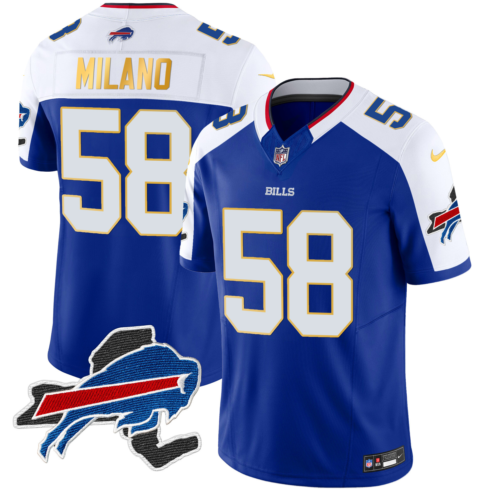 Matt Milano Men's Buffalo Bills New York Patch Gold Trim Vapor Royal Alternate Jersey - All Stitched
