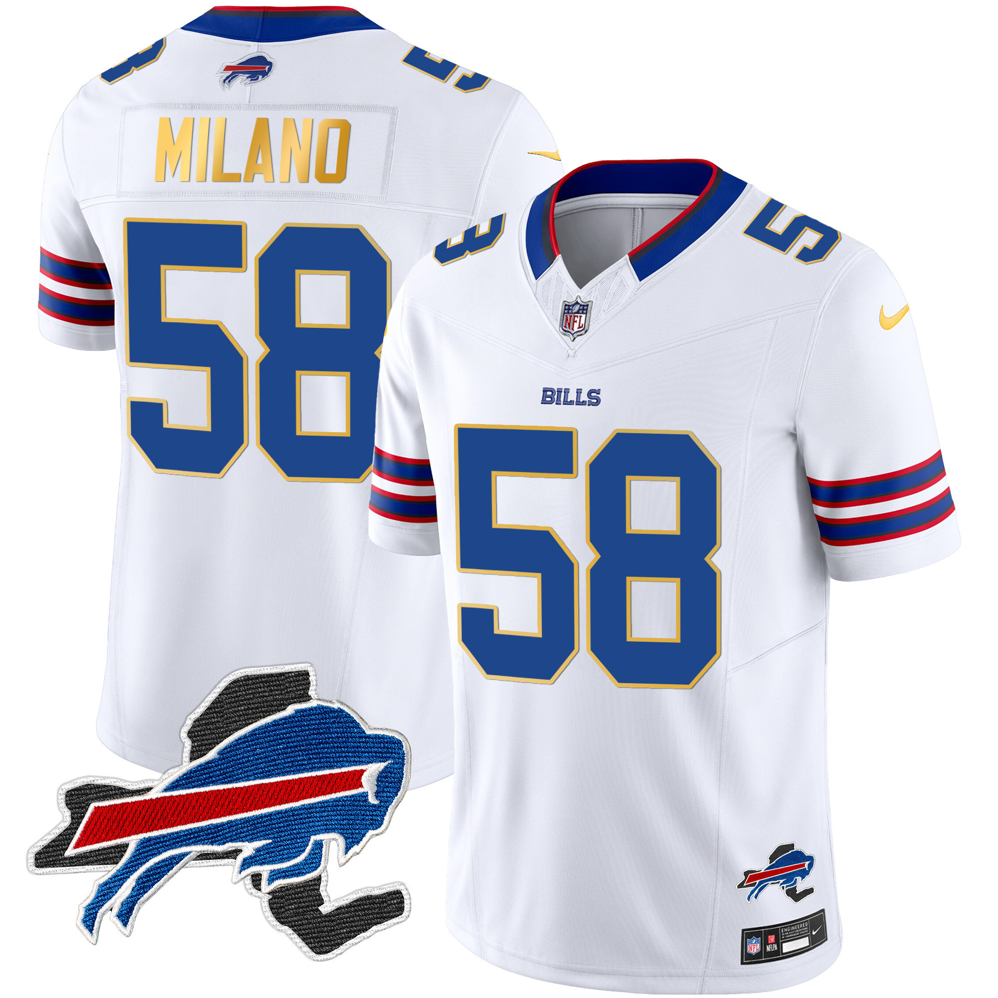 Matt Milano Men's Buffalo Bills New York Patch Gold Trim Vapor White Jersey - All Stitched