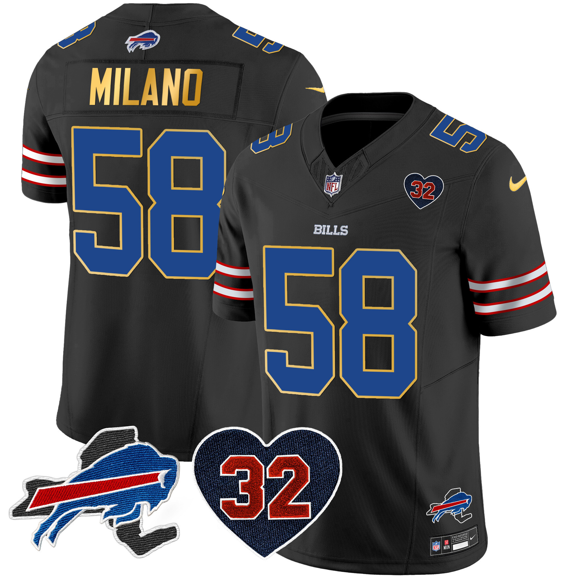 Matt Milano Men's Buffalo Bills O.J. Simpson Patch Gold Trim Vapor Limited Black Jersey - All Stitched