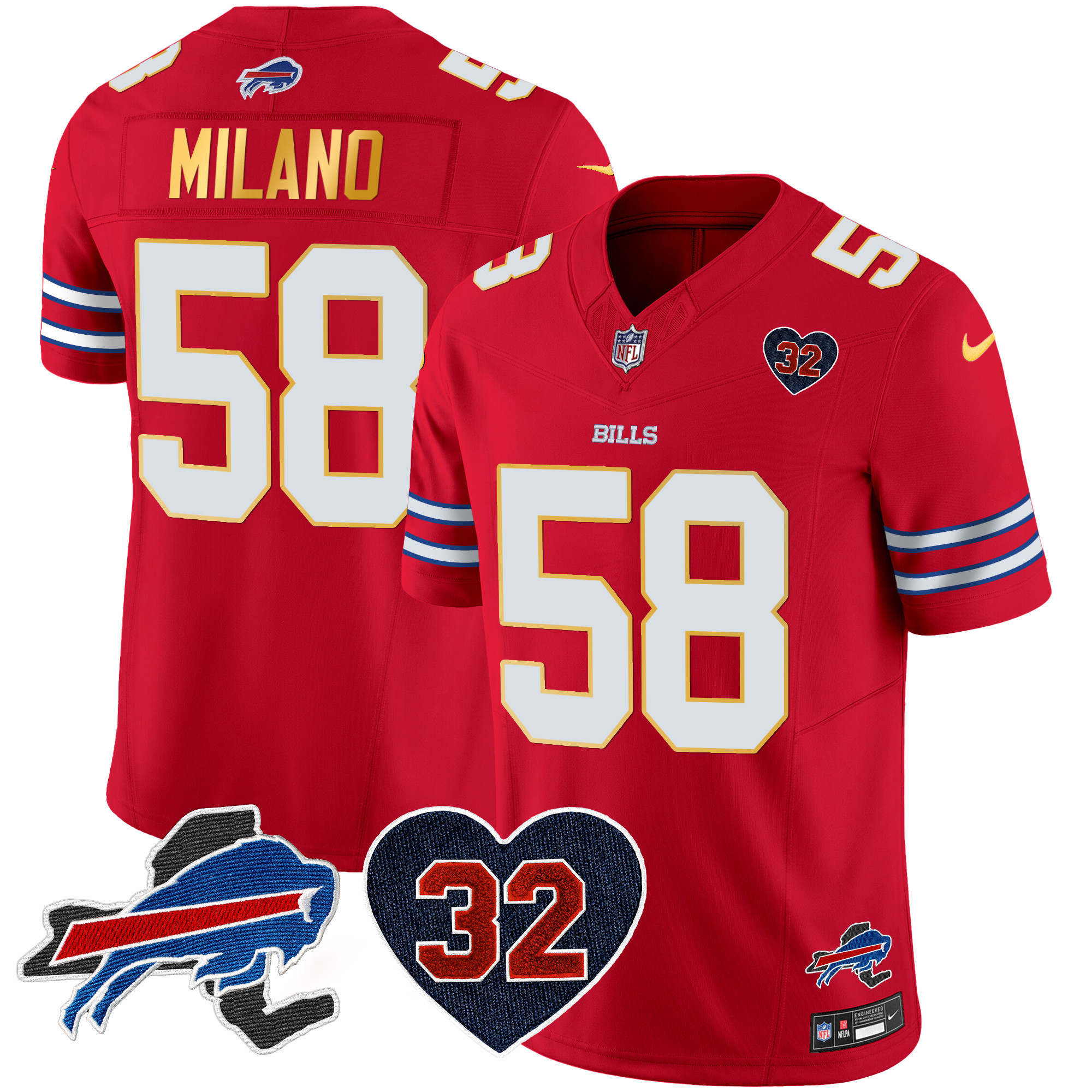 Matt Milano Men's Buffalo Bills O.J. Simpson Patch Gold Trim Vapor Limited Red Jersey - All Stitched