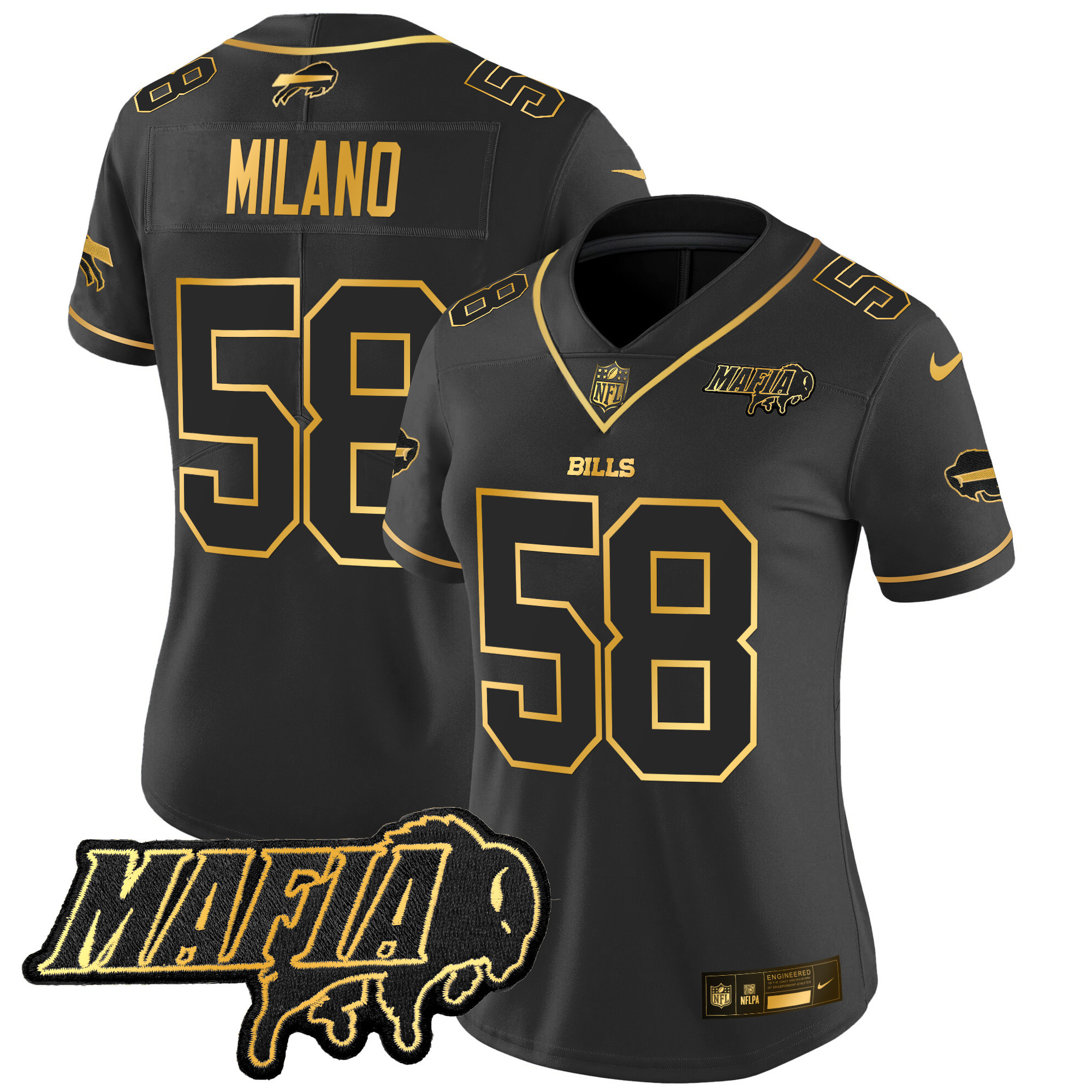 Matt Milano Women's Buffalo Bills 2024 Buffalo Bills Mafia Patch Gold Vapor Limited Black Gold Jersey - All Stitched