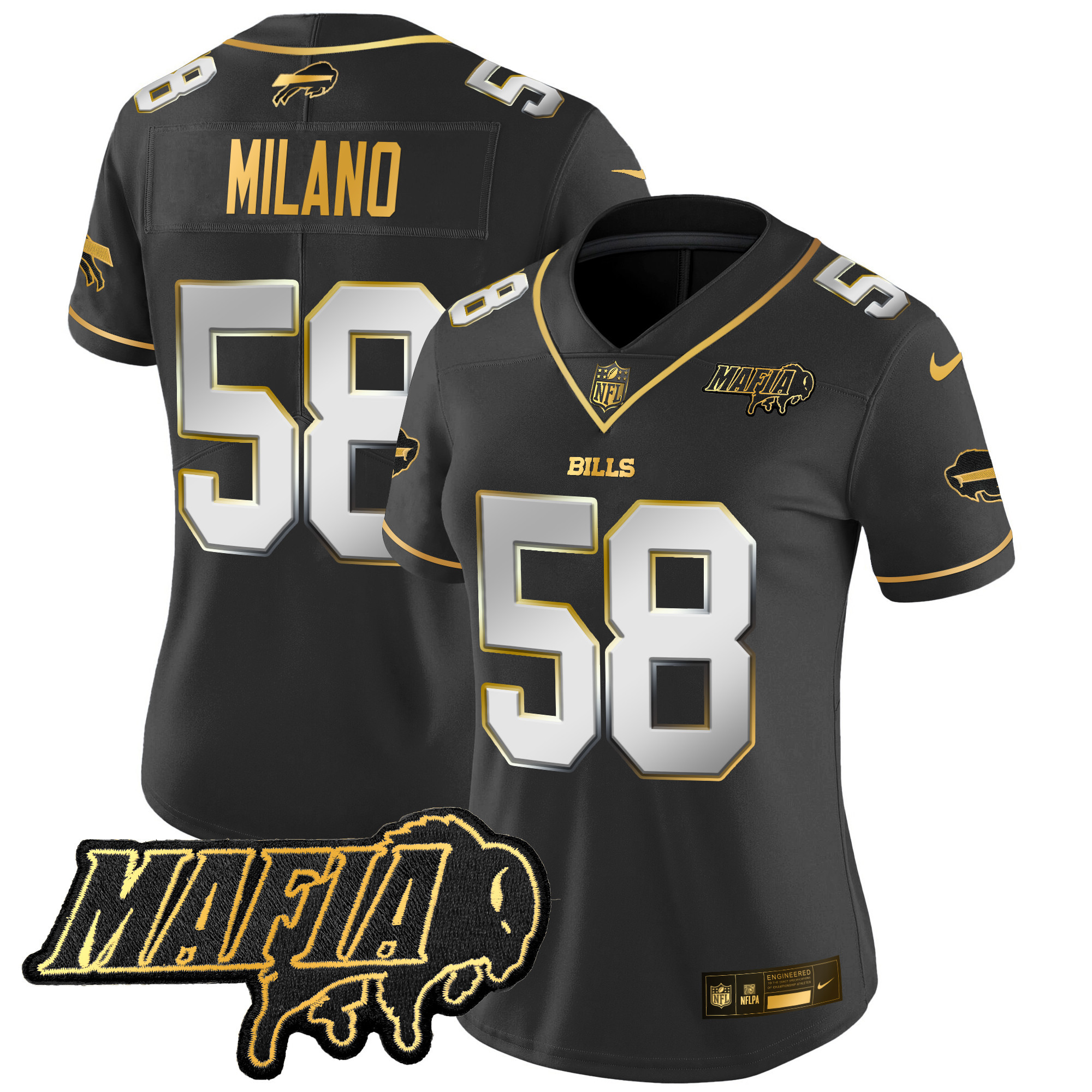 Matt Milano Women's Buffalo Bills 2024 Buffalo Bills Mafia Patch Gold Vapor Limited Black Limited Jersey - All Stitched
