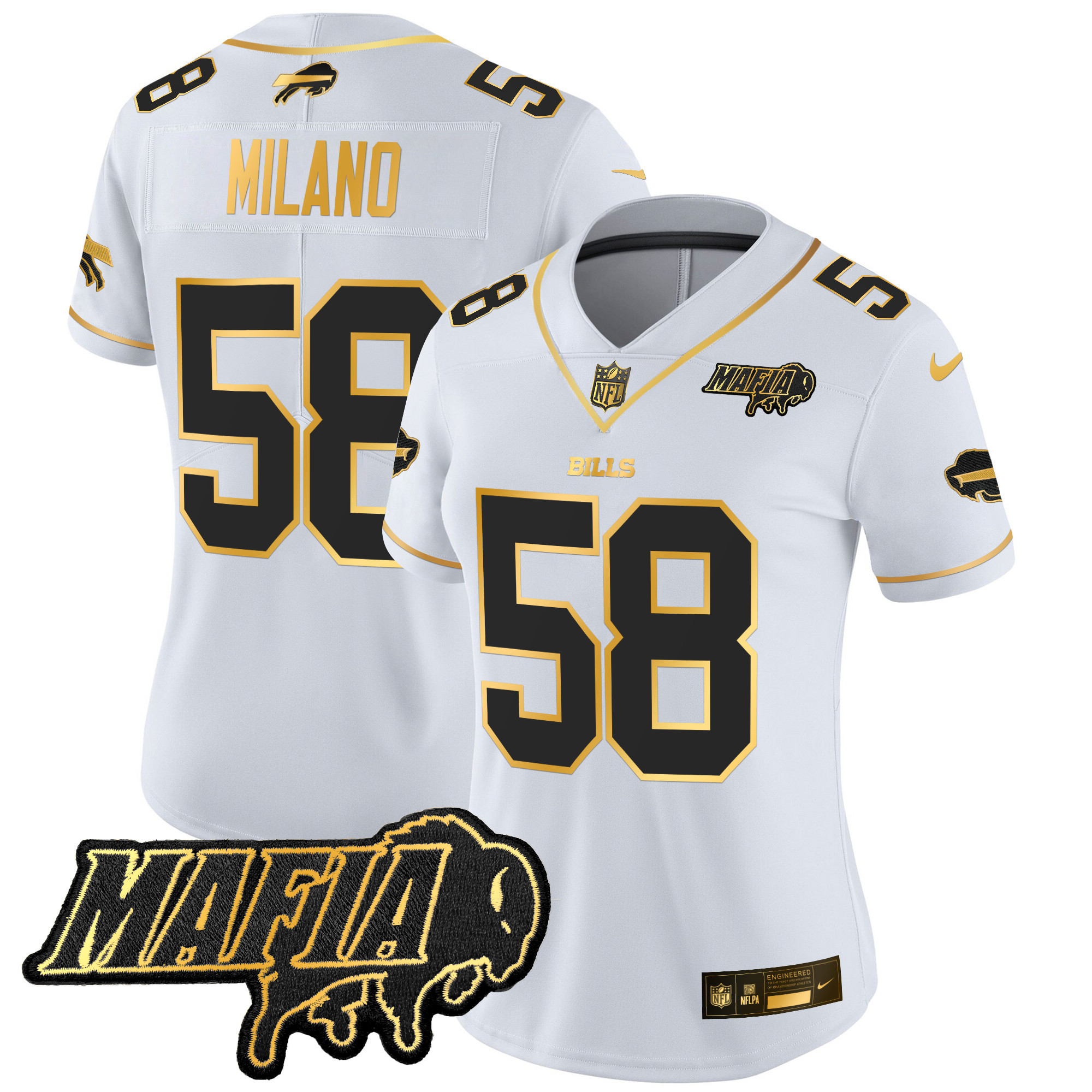 Matt Milano Women's Buffalo Bills 2024 Buffalo Bills Mafia Patch Gold Vapor Limited White Gold Jersey - All Stitched