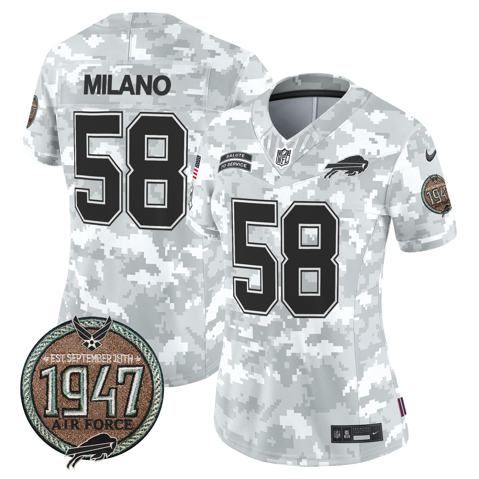 Matt Milano Women's Buffalo Bills 2024 Salute to Service Establishment Year Patch Vapor Limited Air Force Jersey - All Stitched