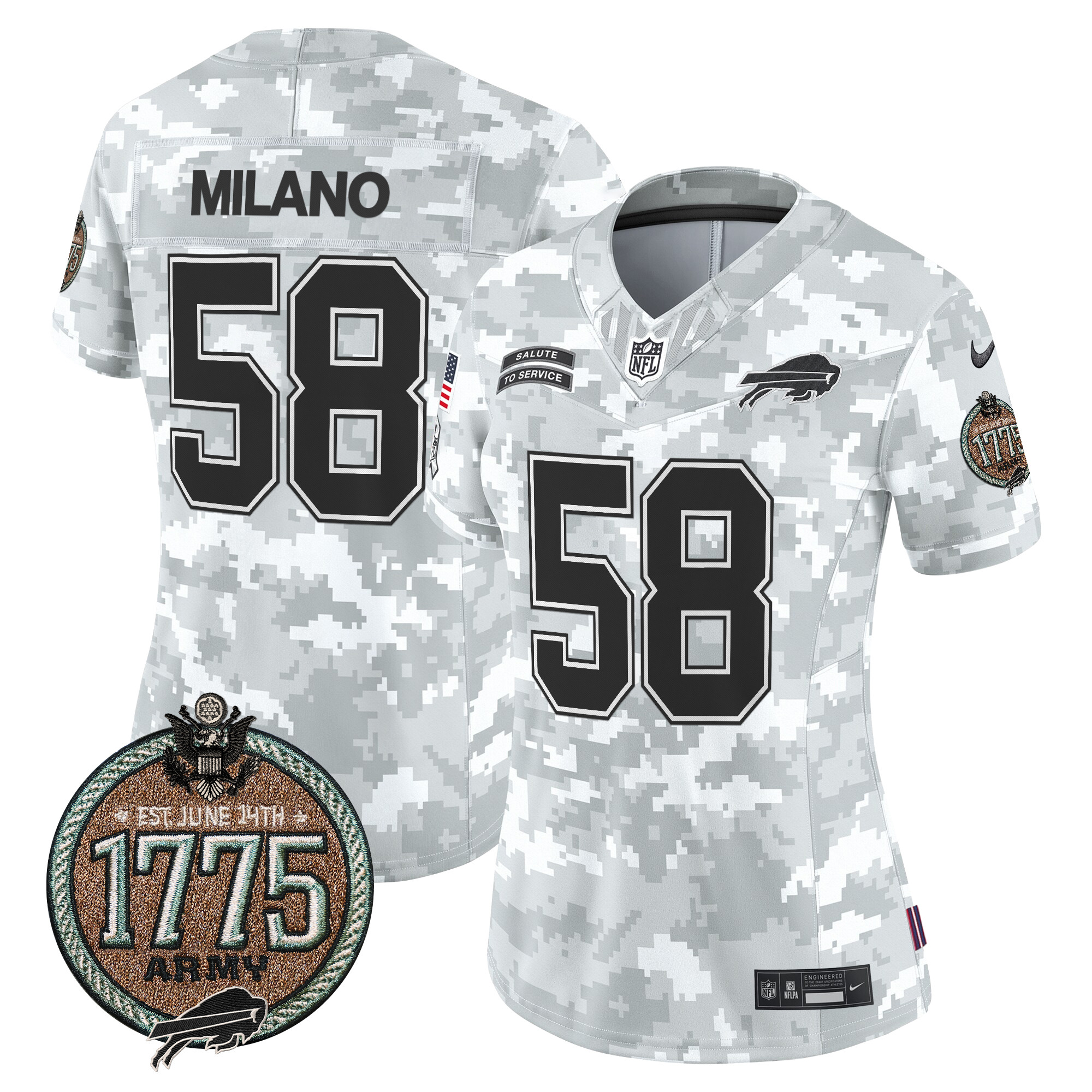 Matt Milano Women's Buffalo Bills 2024 Salute to Service Establishment Year Patch Vapor Limited Army Jersey - All Stitched