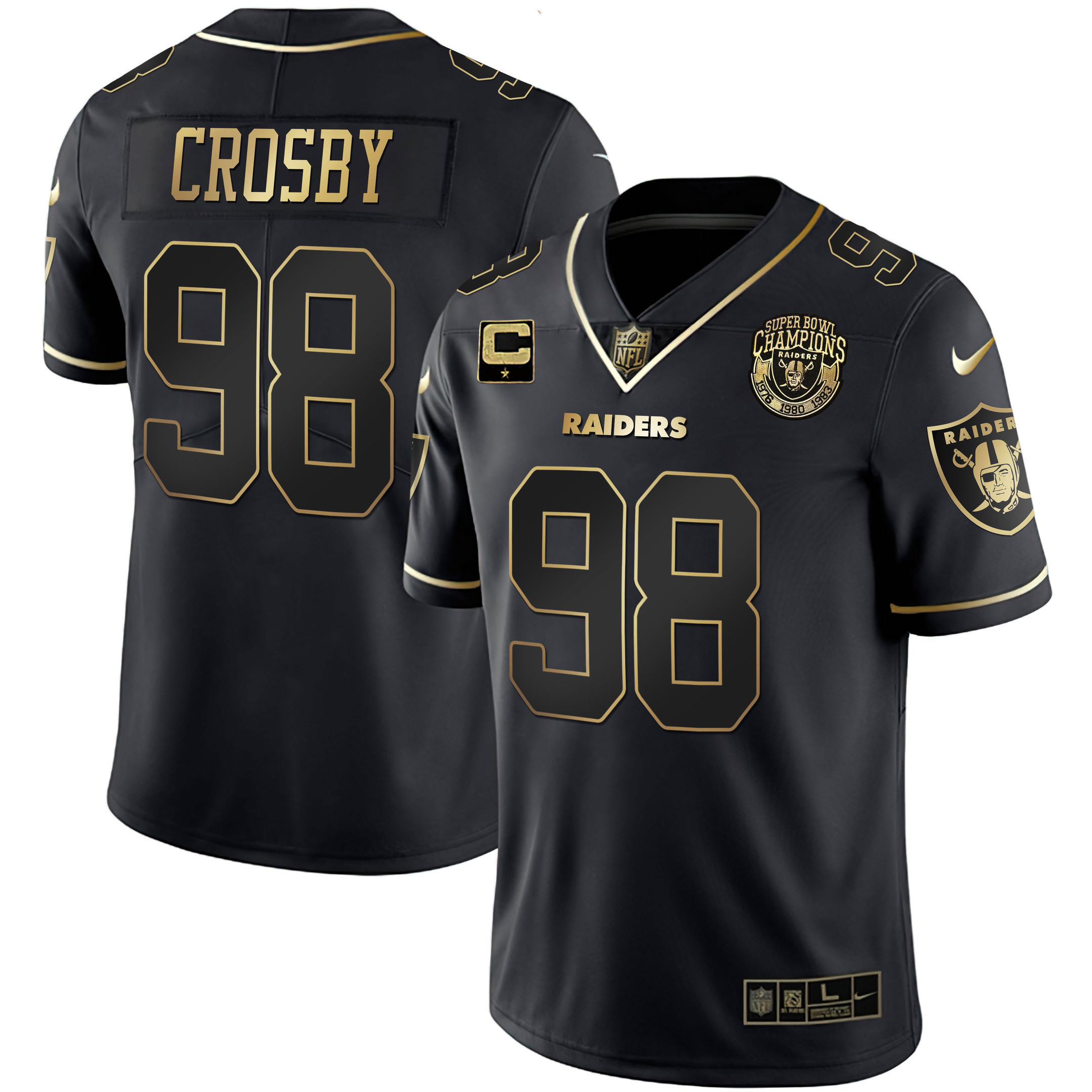 Maxx Crosby Men's Las Vegas Raiders 1976 - 1980 - 1983 Super Bowl Champions Patch White Gold and Black Gold - All Stitched Black Gold Jersey - All Stitched