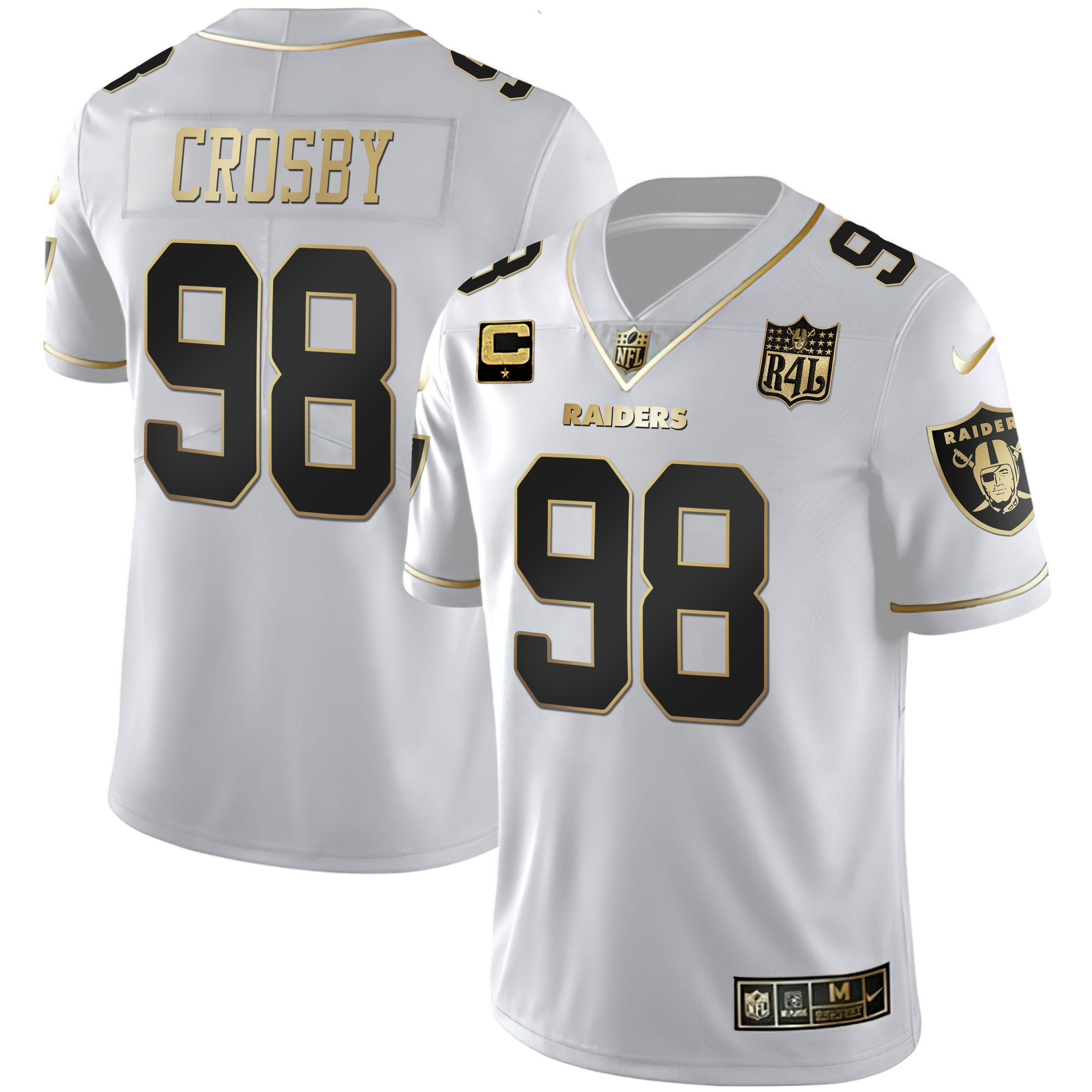 Maxx Crosby Men's Las Vegas Raiders Raider4Life Patch White Gold and Black Gold - All Stitched White Gold Jersey - All Stitched