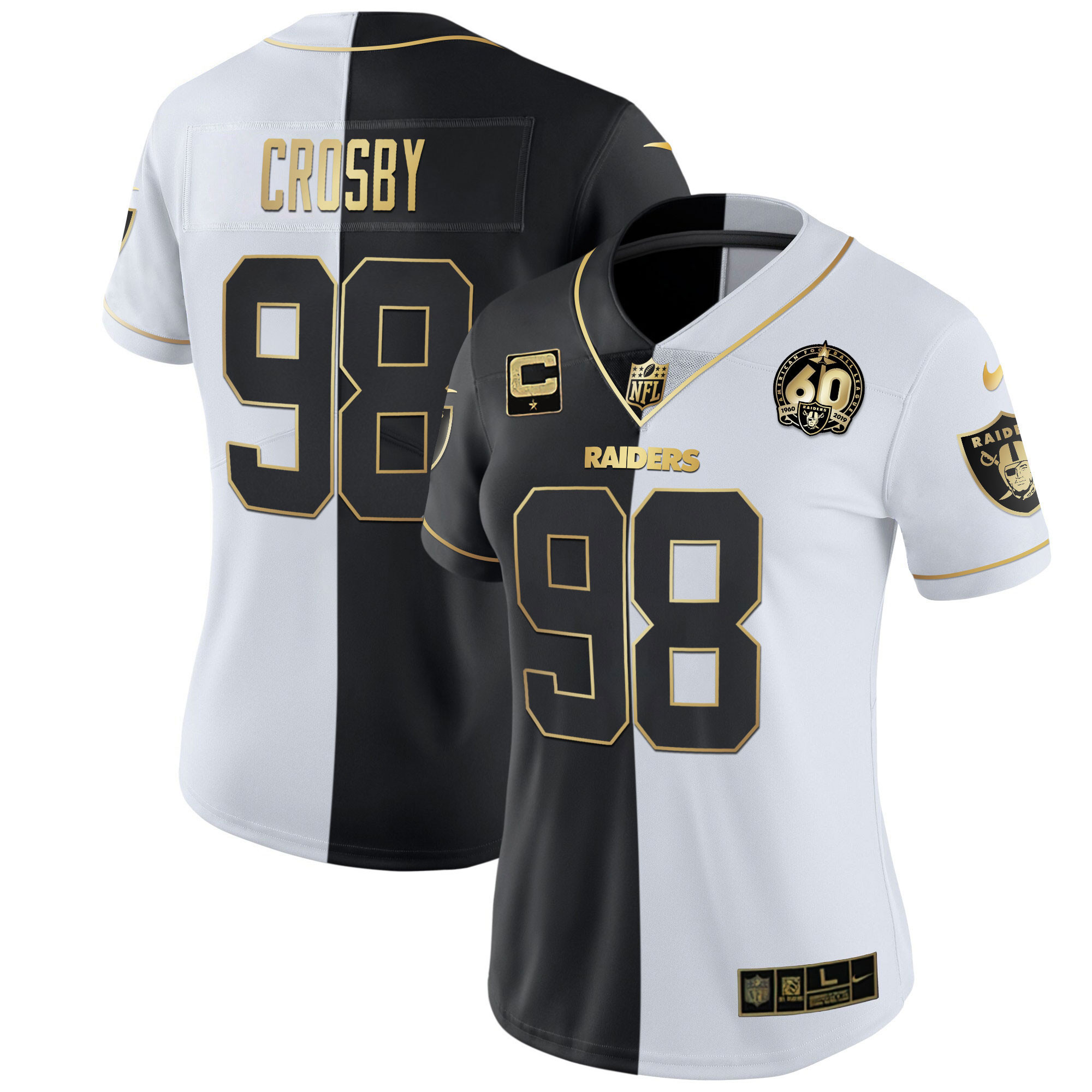Maxx Crosby Women's Las Vegas Raiders 60th Season Patch Gold & Split - All Stitched Split Gold Jersey - All Stitched
