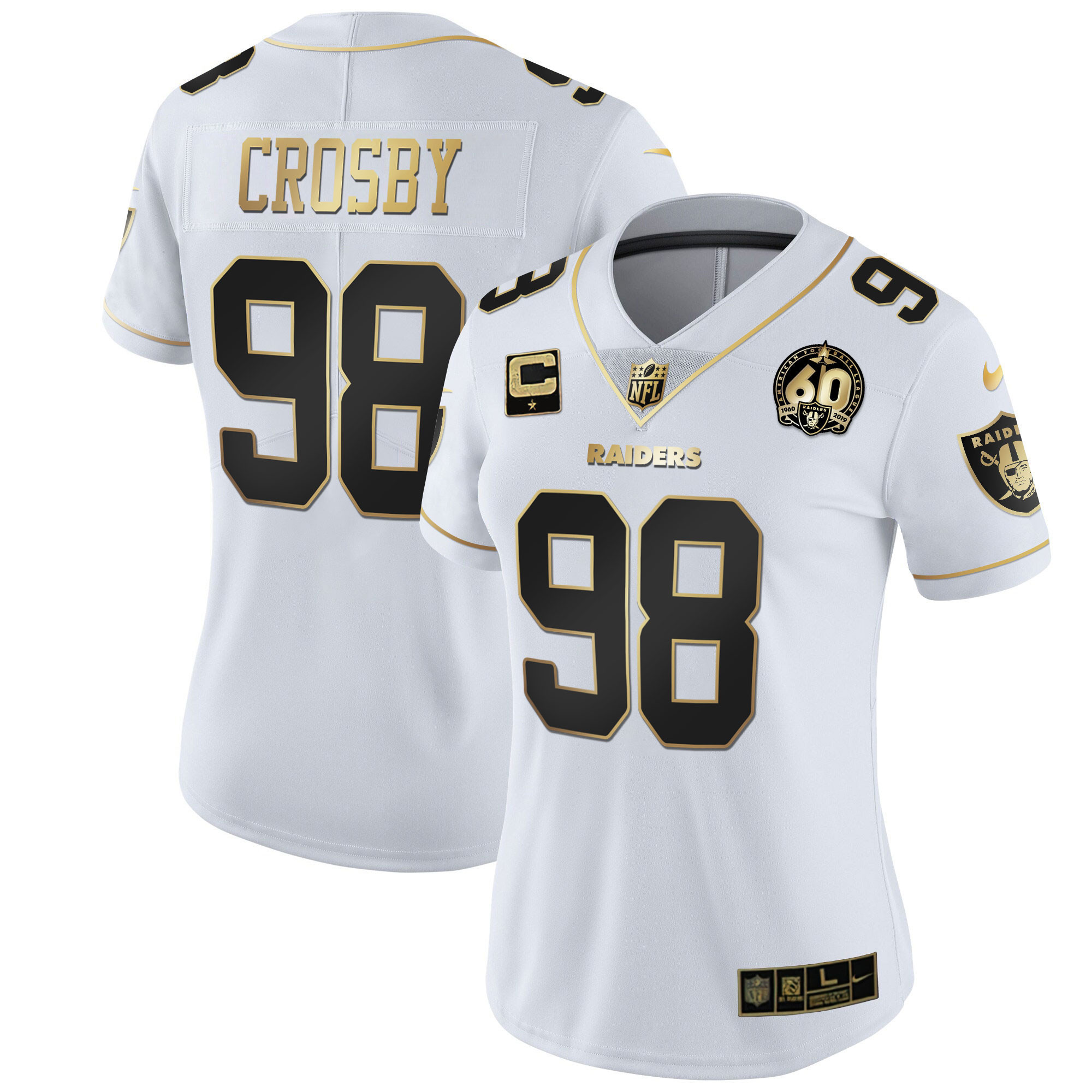 Maxx Crosby Women's Las Vegas Raiders 60th Season Patch Gold & Split - All Stitched White Gold Jersey - All Stitched