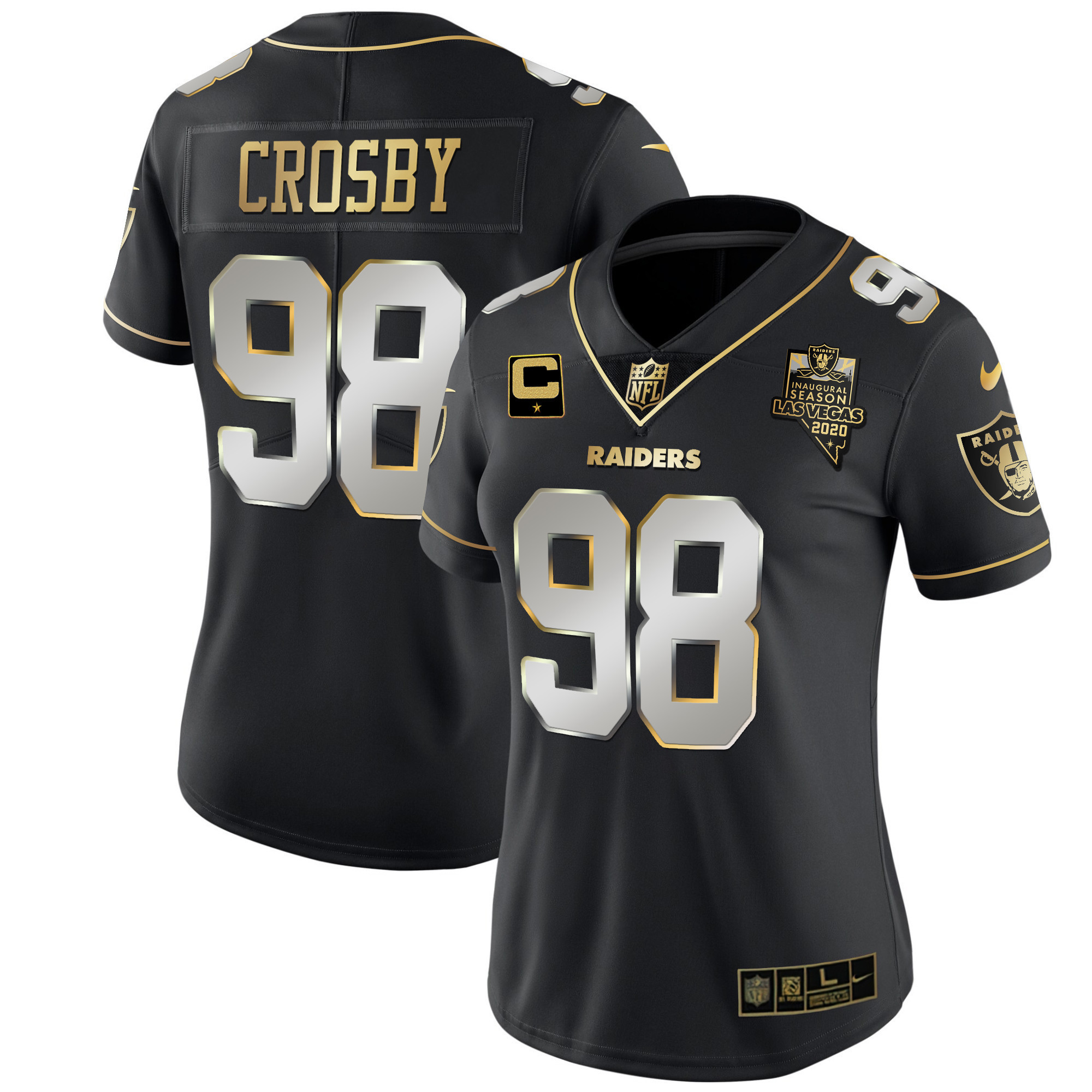 Maxx Crosby Women's Las Vegas Raiders Inaugural Season Patch Gold & Split - All Stitched Black Limited Jersey - All Stitched