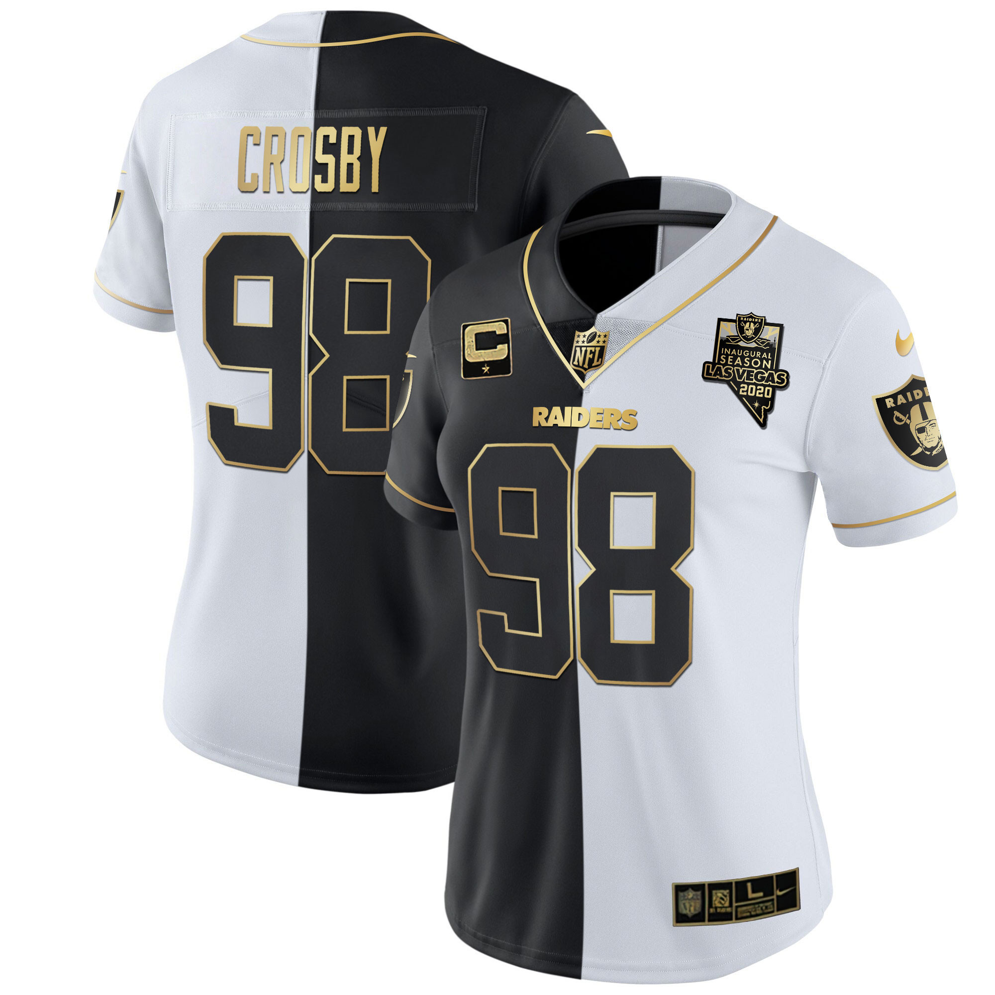 Maxx Crosby Women's Las Vegas Raiders Inaugural Season Patch Gold & Split - All Stitched Split Gold Jersey - All Stitched