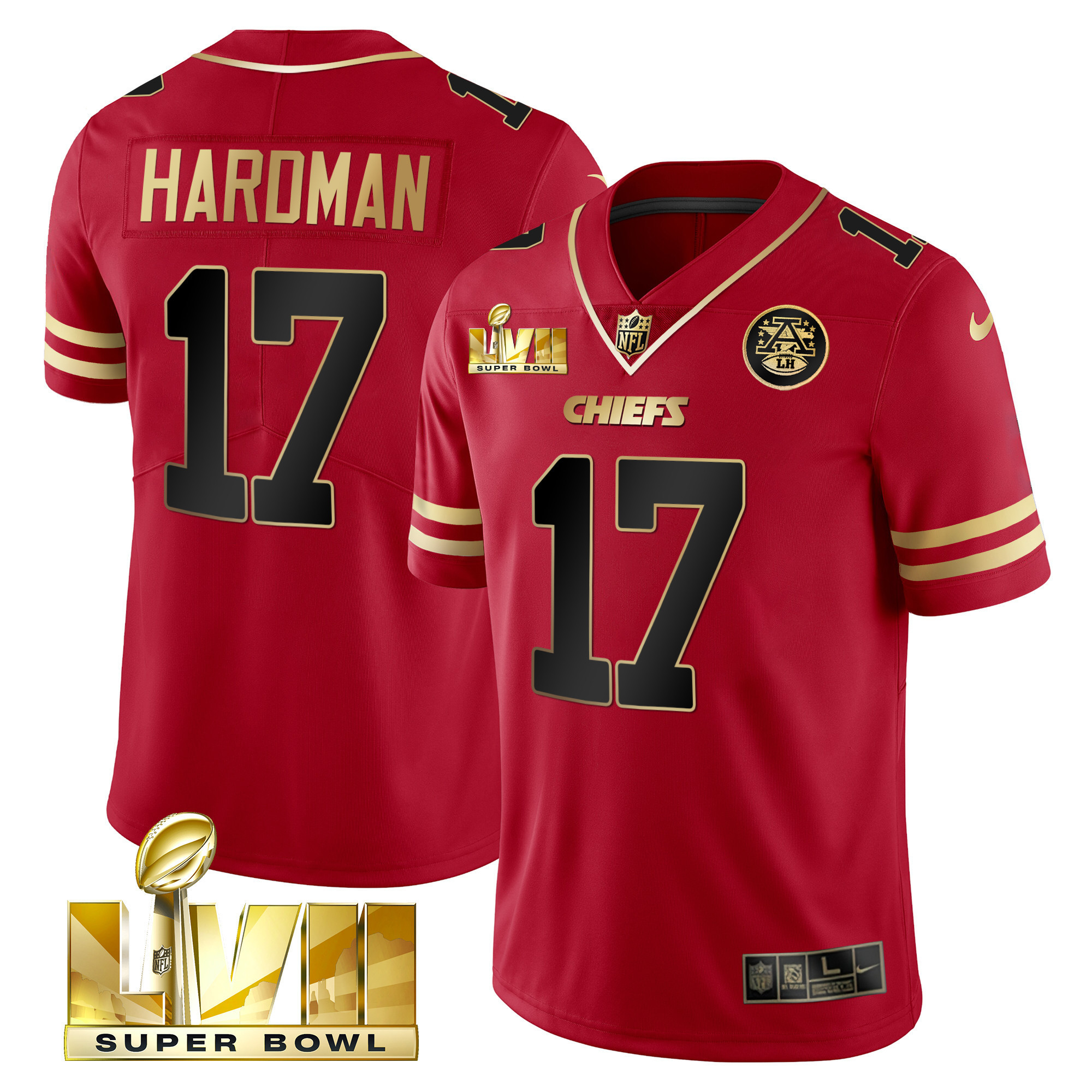 Mecole Hardman Men's Kansas City Chiefs Super Bowl LVII Gold Trim Vapor Black Red Jersey - All Stitched