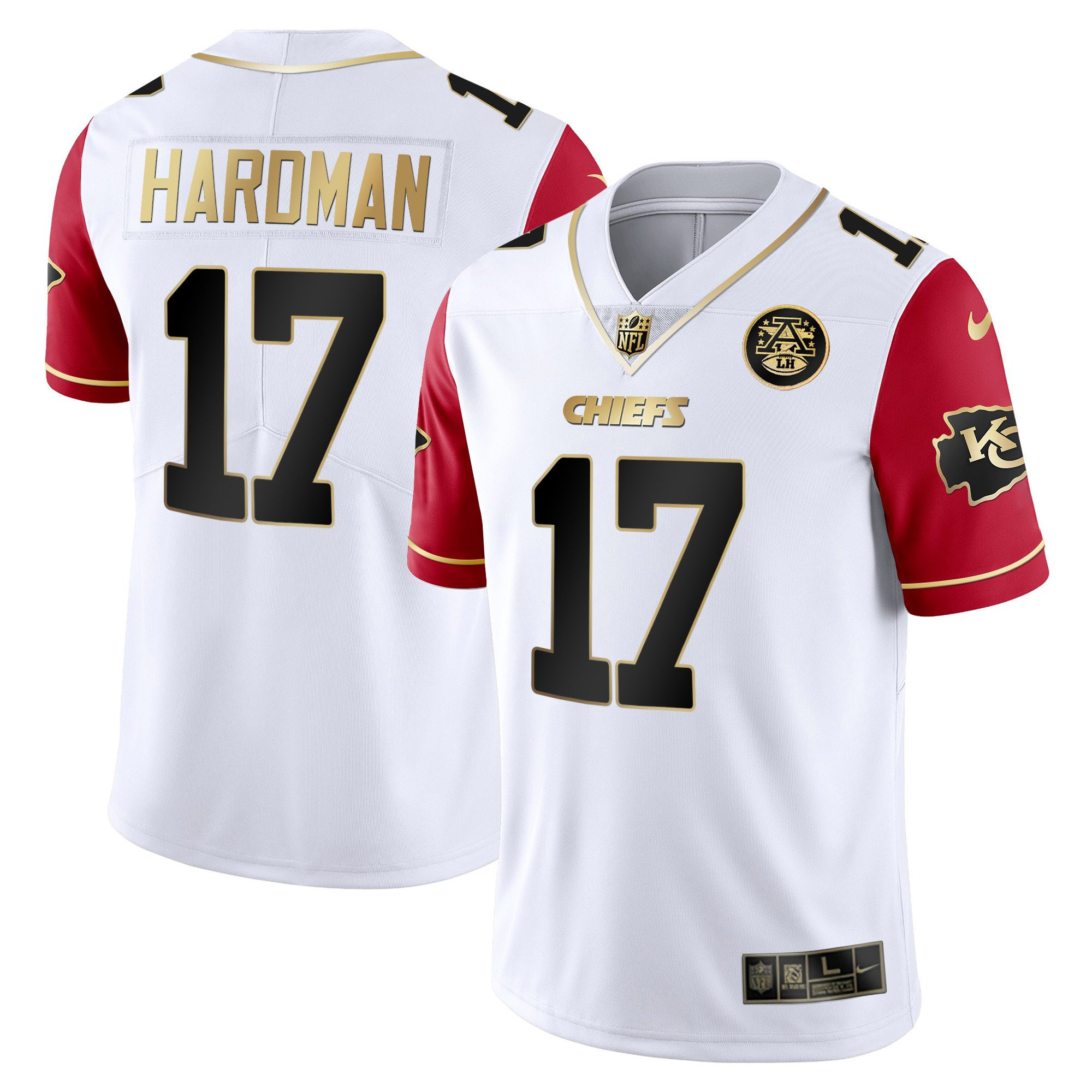 Mecole Hardman Men's Kansas City Chiefs White Gold & Black Gold - All Stitched Red Sleeves Jersey - All Stitched
