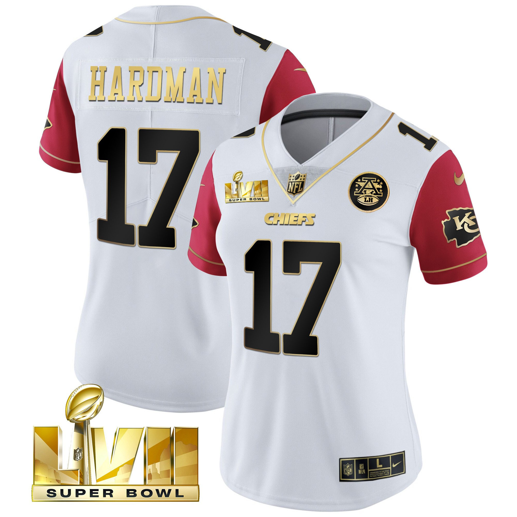 Mecole Hardman Women's Kansas City Chiefs Super Bowl Vapor Gold Color Sleeve Jersey - All Stitched