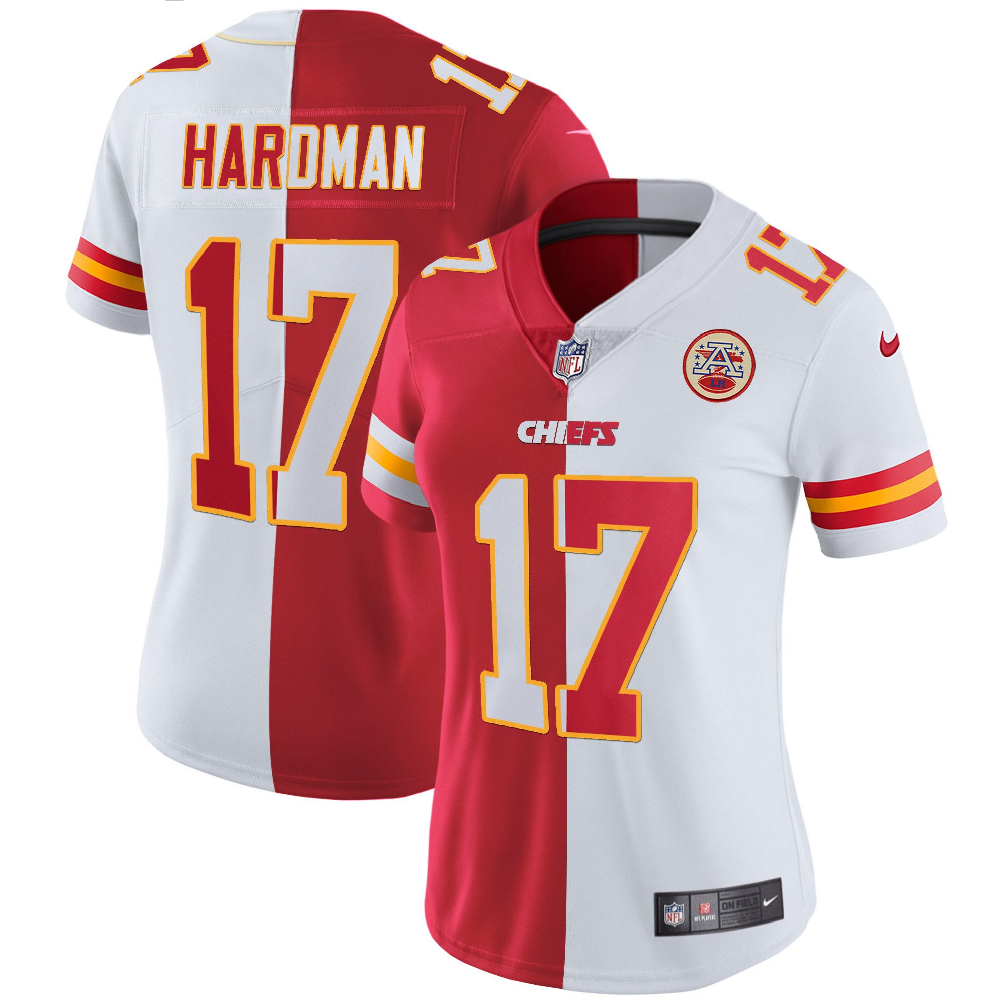 Mecole Hardman Women's Kansas City Chiefs White Gold & Black Gold - All Stitched Split Jersey - All Stitched