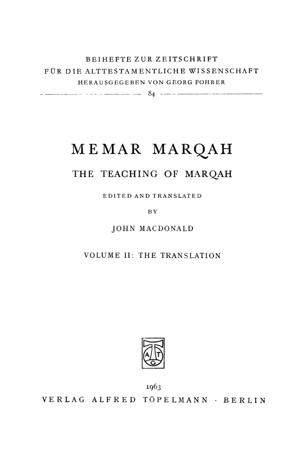 Memar Marqah Volume 2: The Translation 1st Edition â€“ PDF/EPUB Version Downloadable