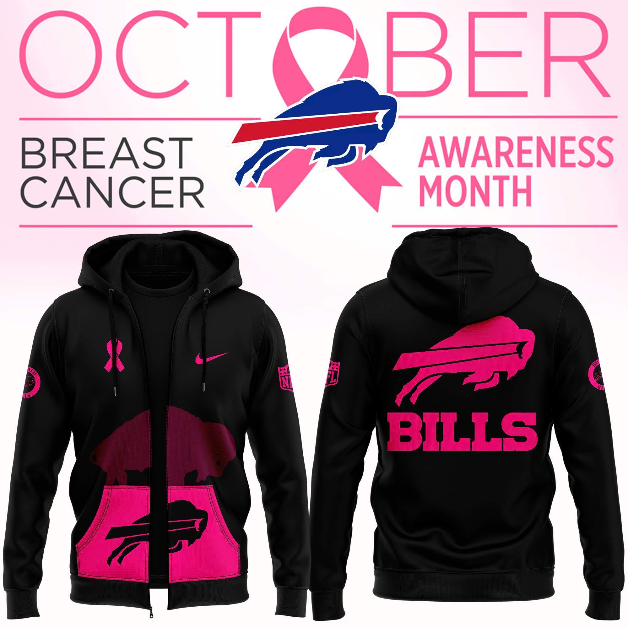 Menâ€™s Black Buffalo Bills 2024 NFL Crucial Catch Club Pullover Zip Hoodie