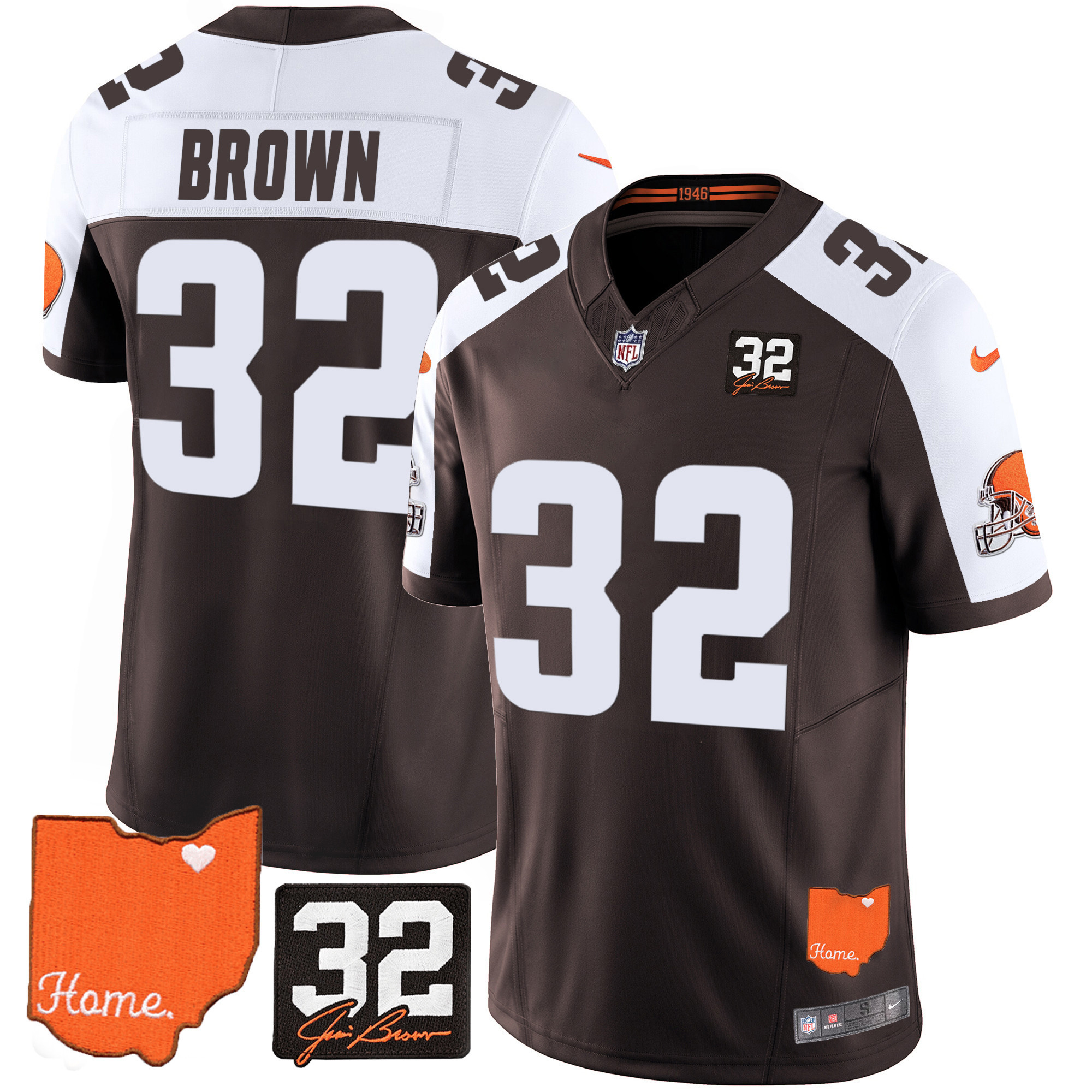 Men Jim Brown Cleveland Browns #32 Jim Brown Memorial & Home Patch Alternate Jersey - All Stitched