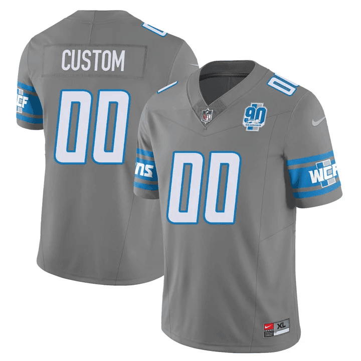 Men Men's Detroit Lions 90th Year Patch Vapor Custom Gray Jersey - All Stitched