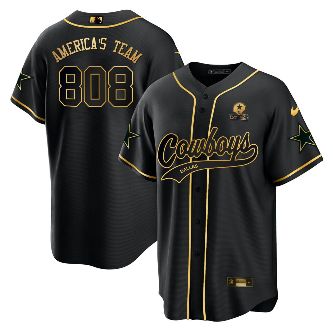Men's America's Team #808 Dallas Cowboys Baseball Black Gold America's Team Jersey - All Stitched