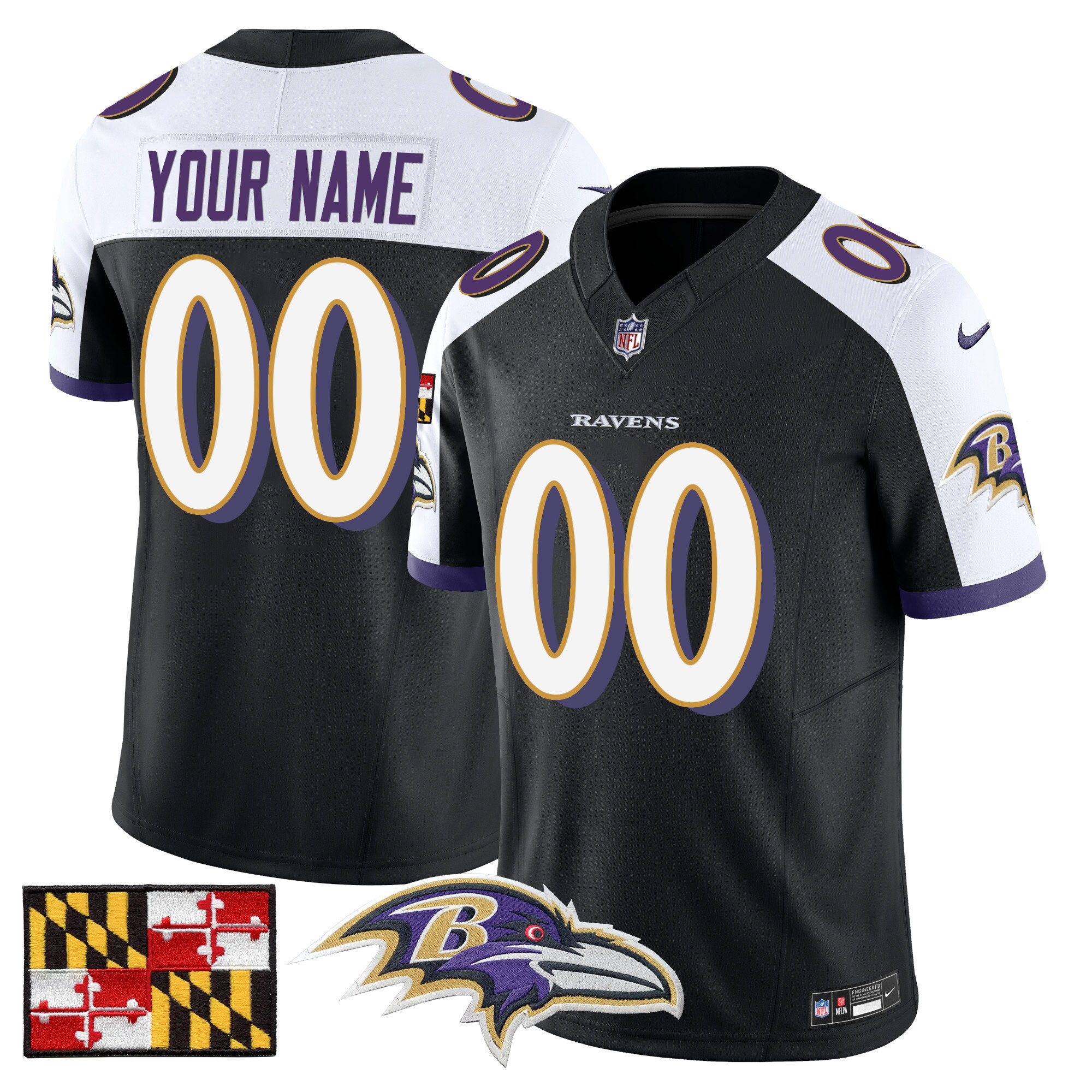 Men's Baltimore Ravens 2024 Maryland Flag Vapor Limited Custom Black Alternate Jersey - All Stitched