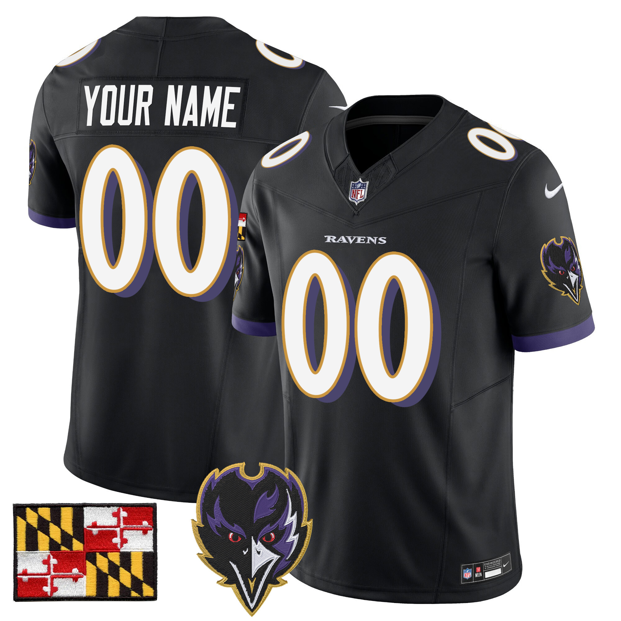 Men's Baltimore Ravens 2024 Maryland Flag Vapor Limited Custom Black Jersey - All Stitched