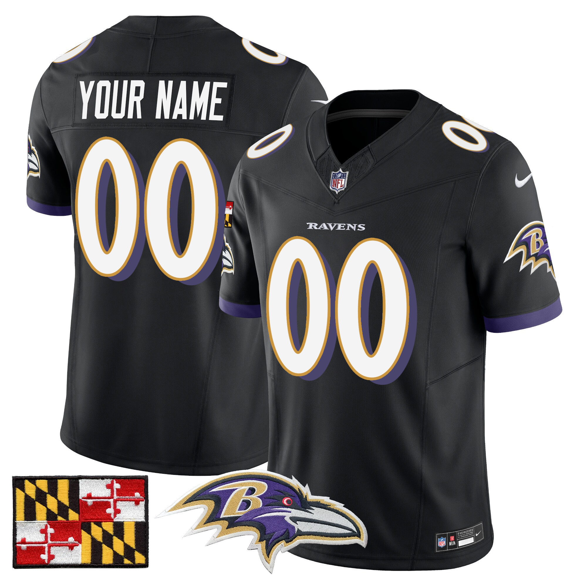 Men's Baltimore Ravens 2024 Maryland Flag Vapor Limited Custom Black Jersey - All Stitched