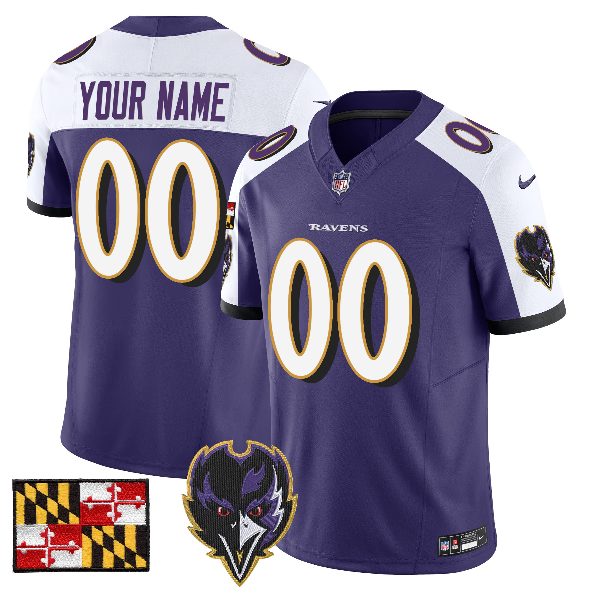 Men's Baltimore Ravens 2024 Maryland Flag Vapor Limited Custom Purple Alternate Jersey - All Stitched