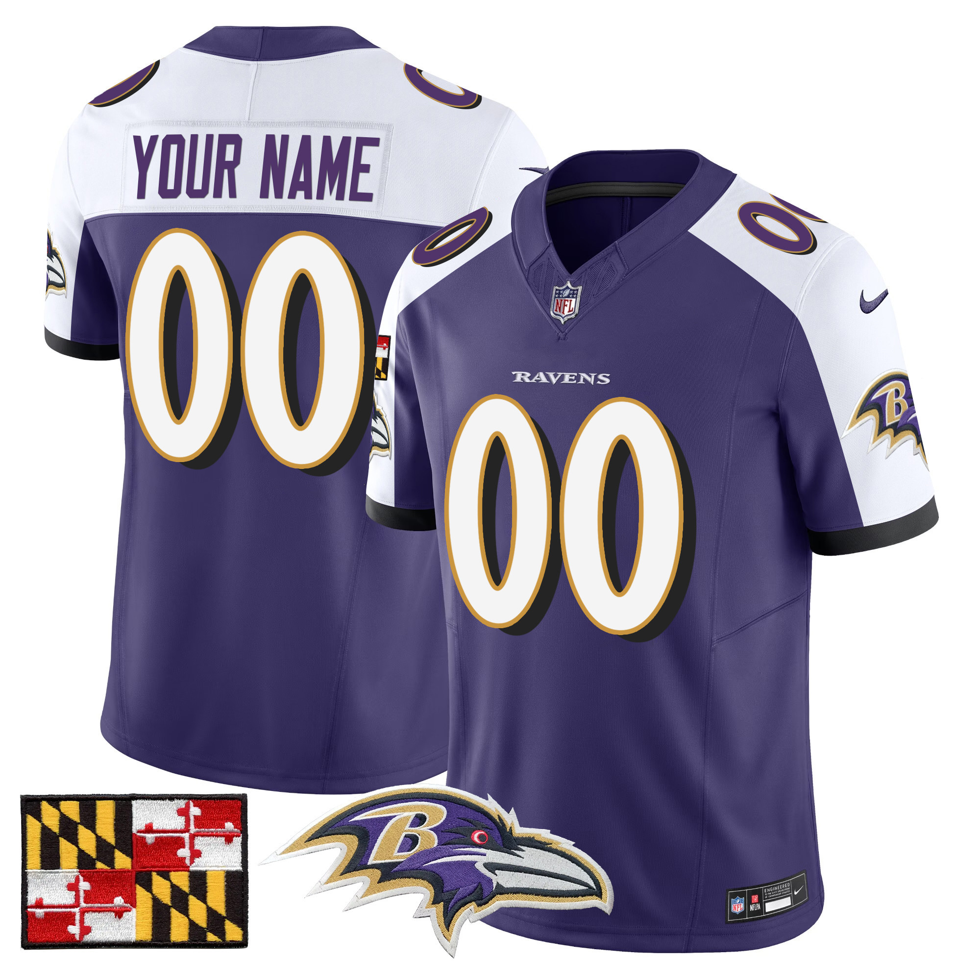 Men's Baltimore Ravens 2024 Maryland Flag Vapor Limited Custom Purple Alternate Jersey - All Stitched