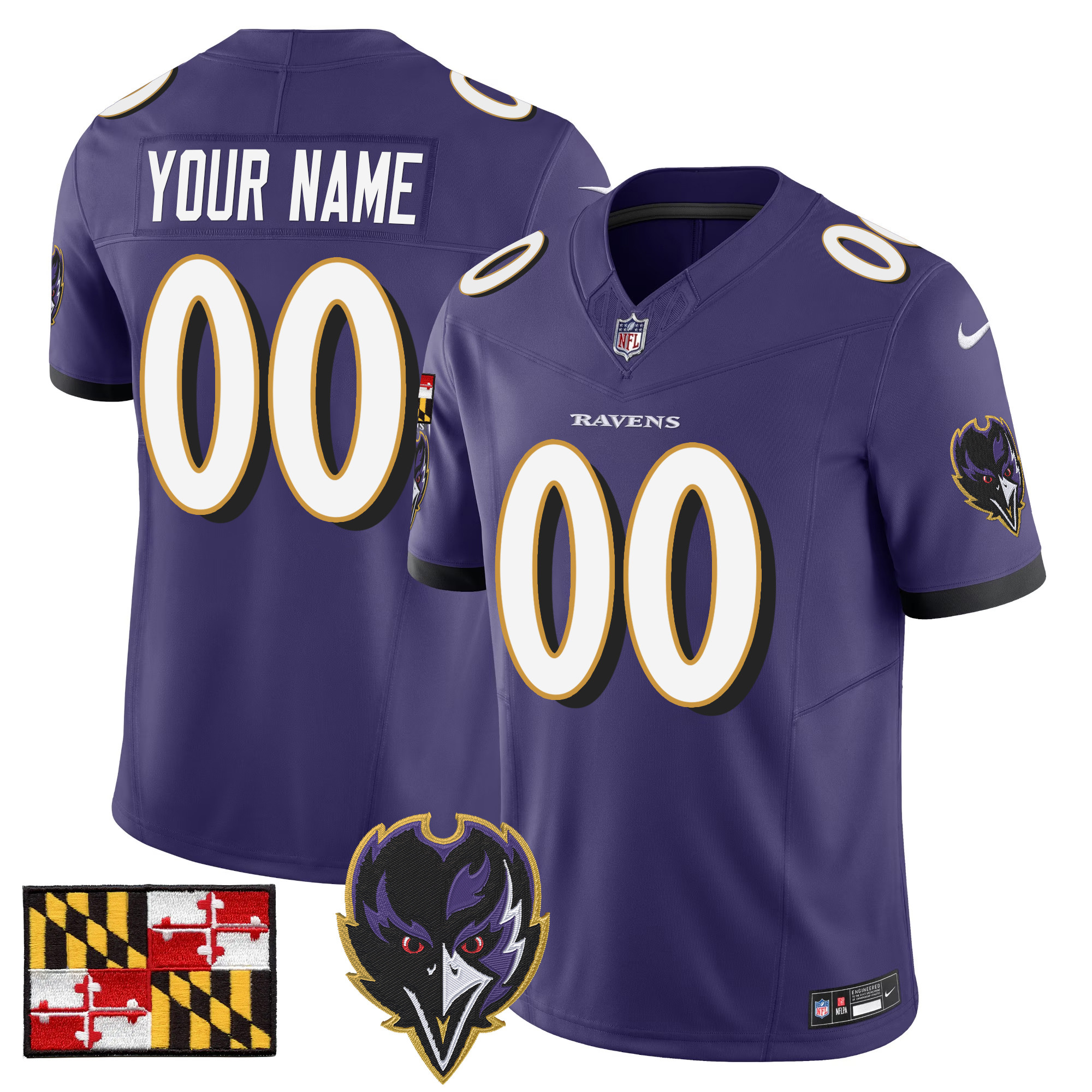 Men's Baltimore Ravens 2024 Maryland Flag Vapor Limited Custom Purple Jersey - All Stitched