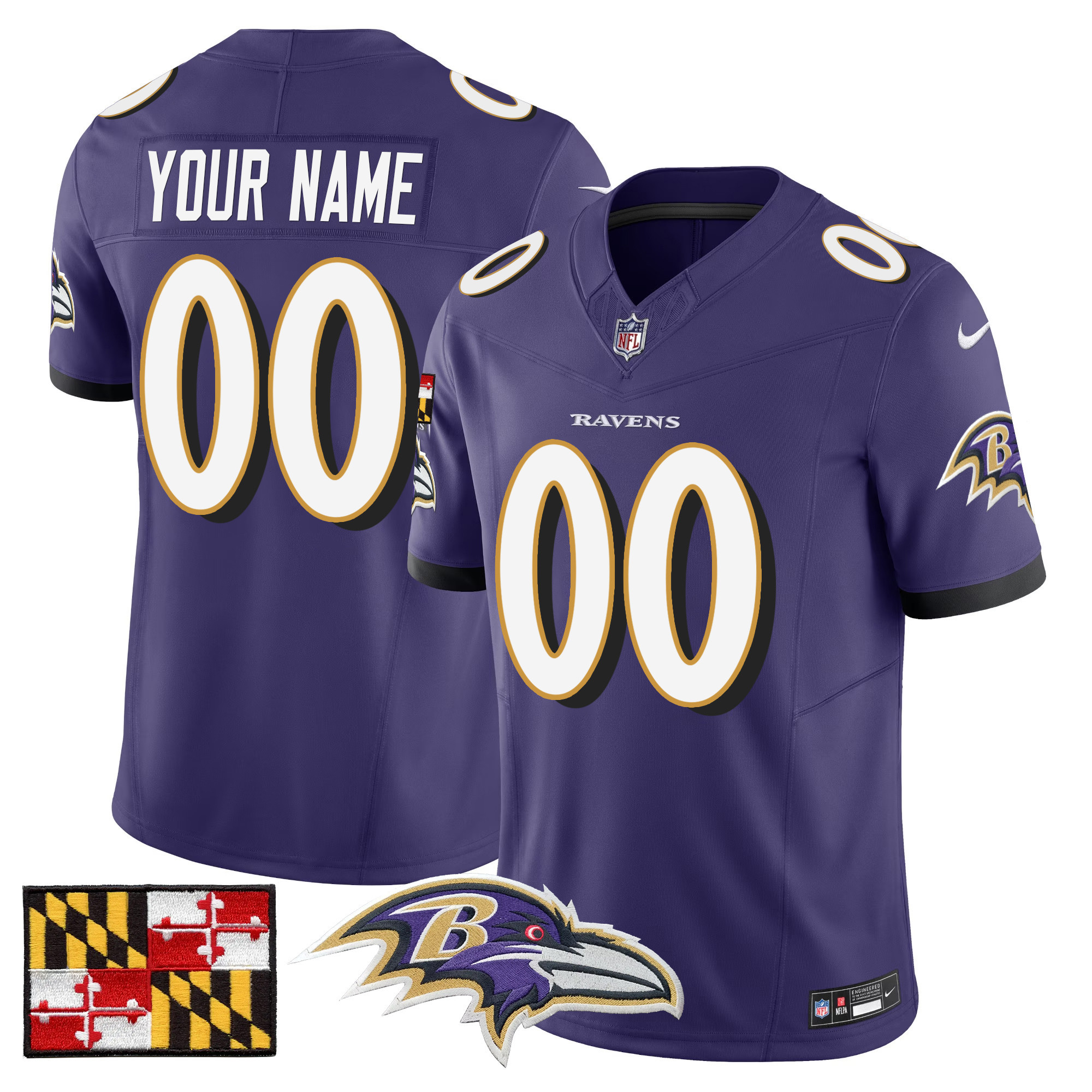 Men's Baltimore Ravens 2024 Maryland Flag Vapor Limited Custom Purple Jersey - All Stitched