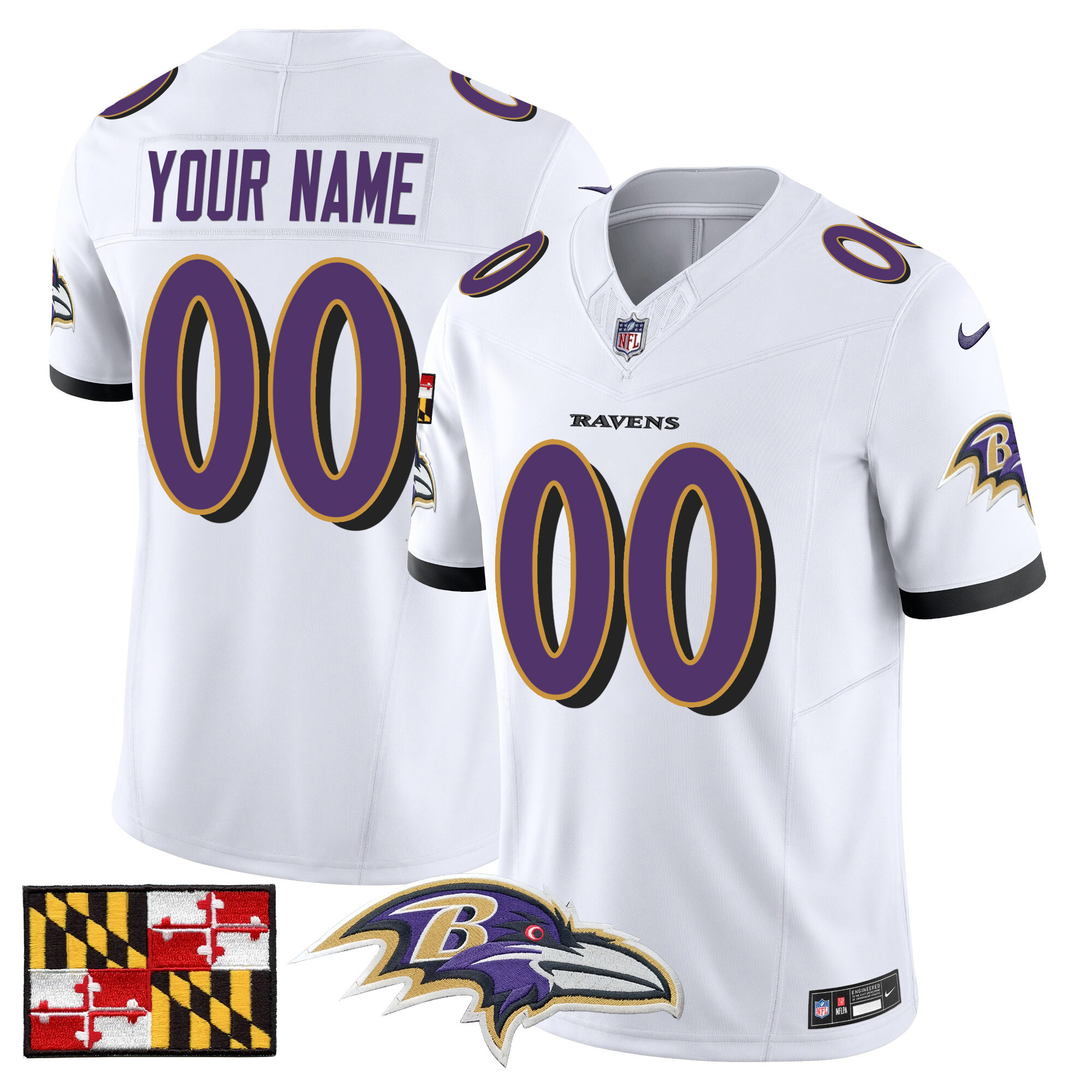 Men's Baltimore Ravens 2024 Maryland Flag Vapor Limited Custom White Jersey - All Stitched