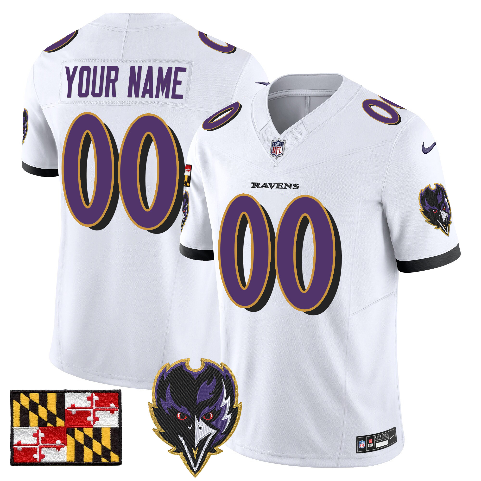 Men's Baltimore Ravens 2024 Maryland Flag Vapor Limited Custom White Jersey - All Stitched