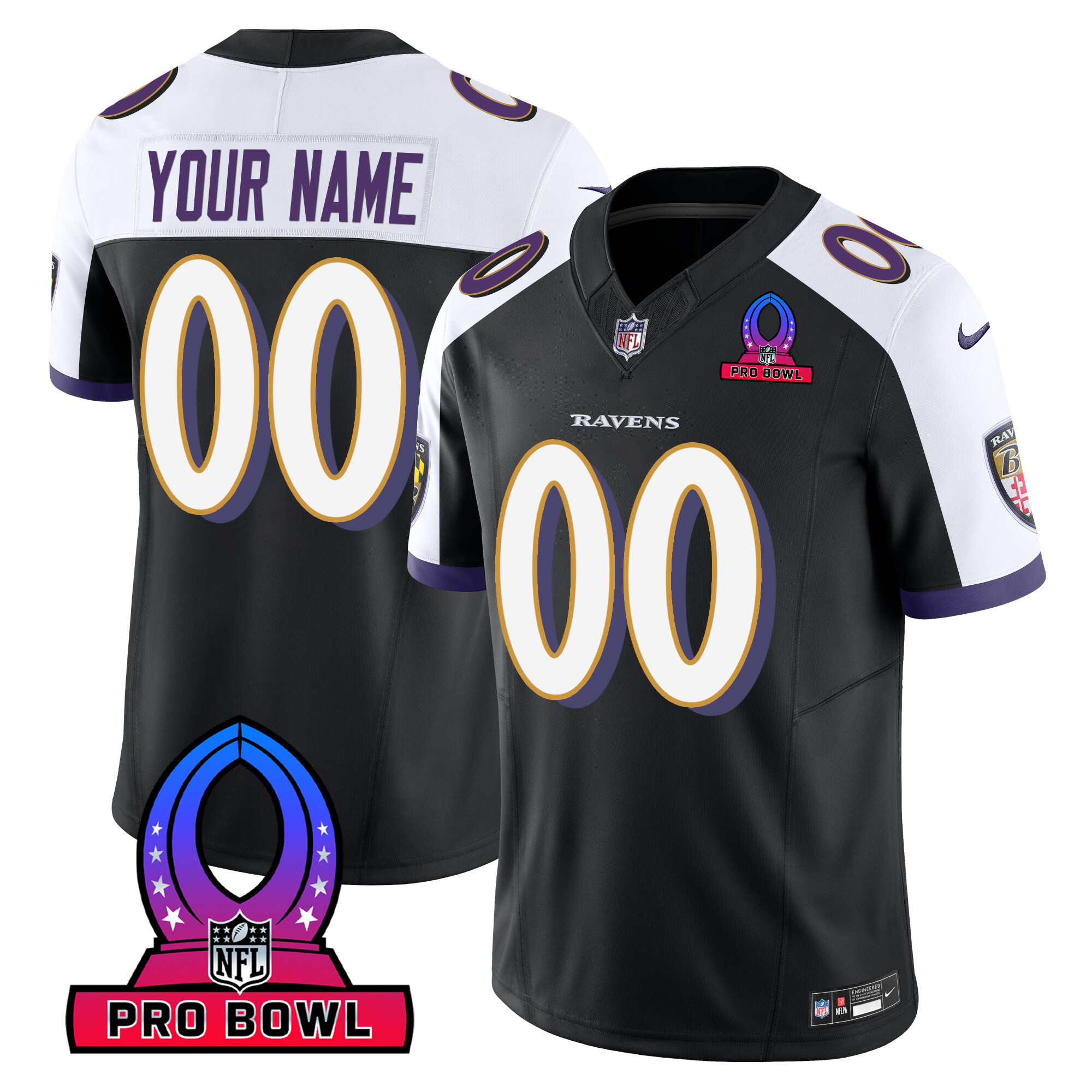 Men's Baltimore Ravens 2024 Pro Bowl Patch Vapor Black Alternate Jersey - All Stitched
