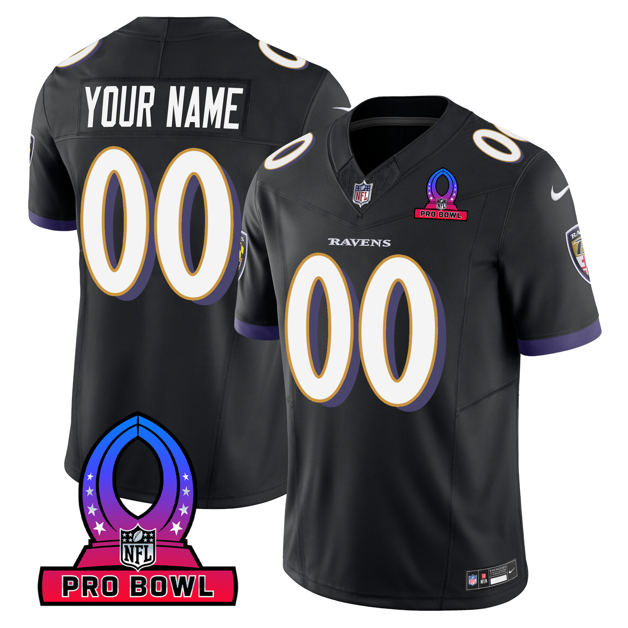 Men's Baltimore Ravens 2024 Pro Bowl Patch Vapor Black Jersey - All Stitched