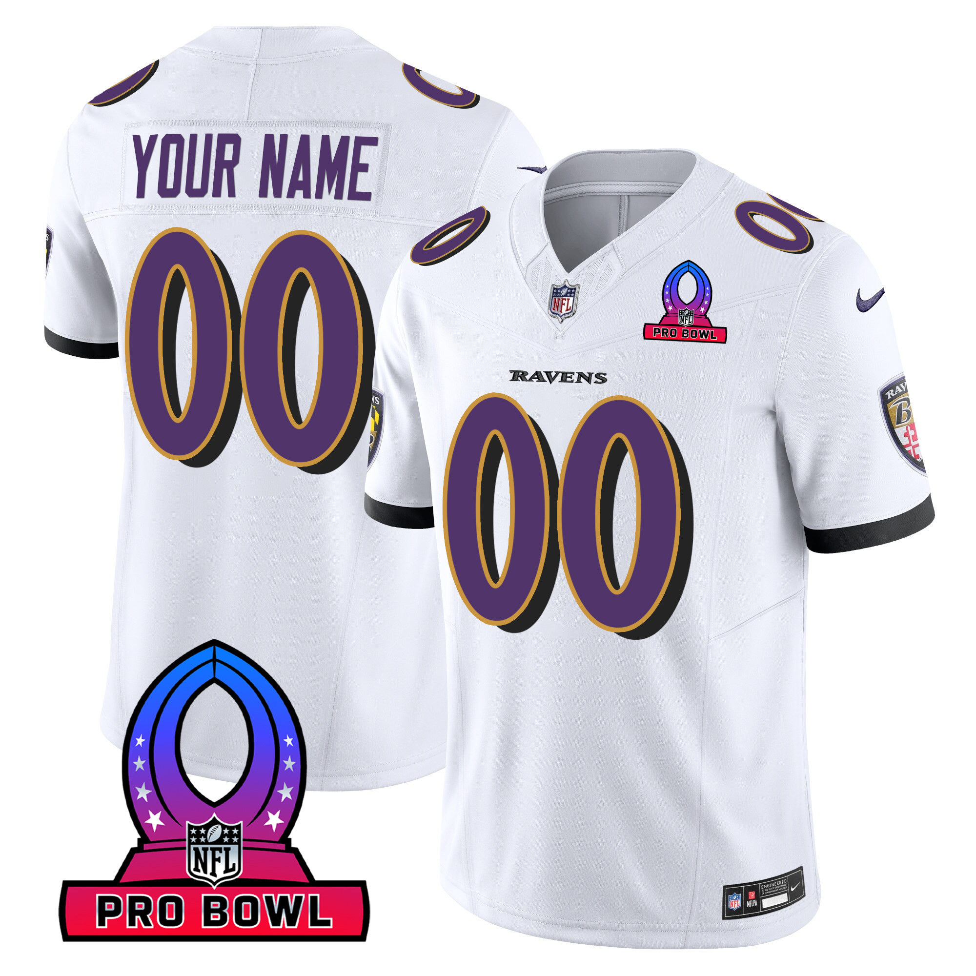 Men's Baltimore Ravens 2024 Pro Bowl Patch Vapor White Jersey - All Stitched