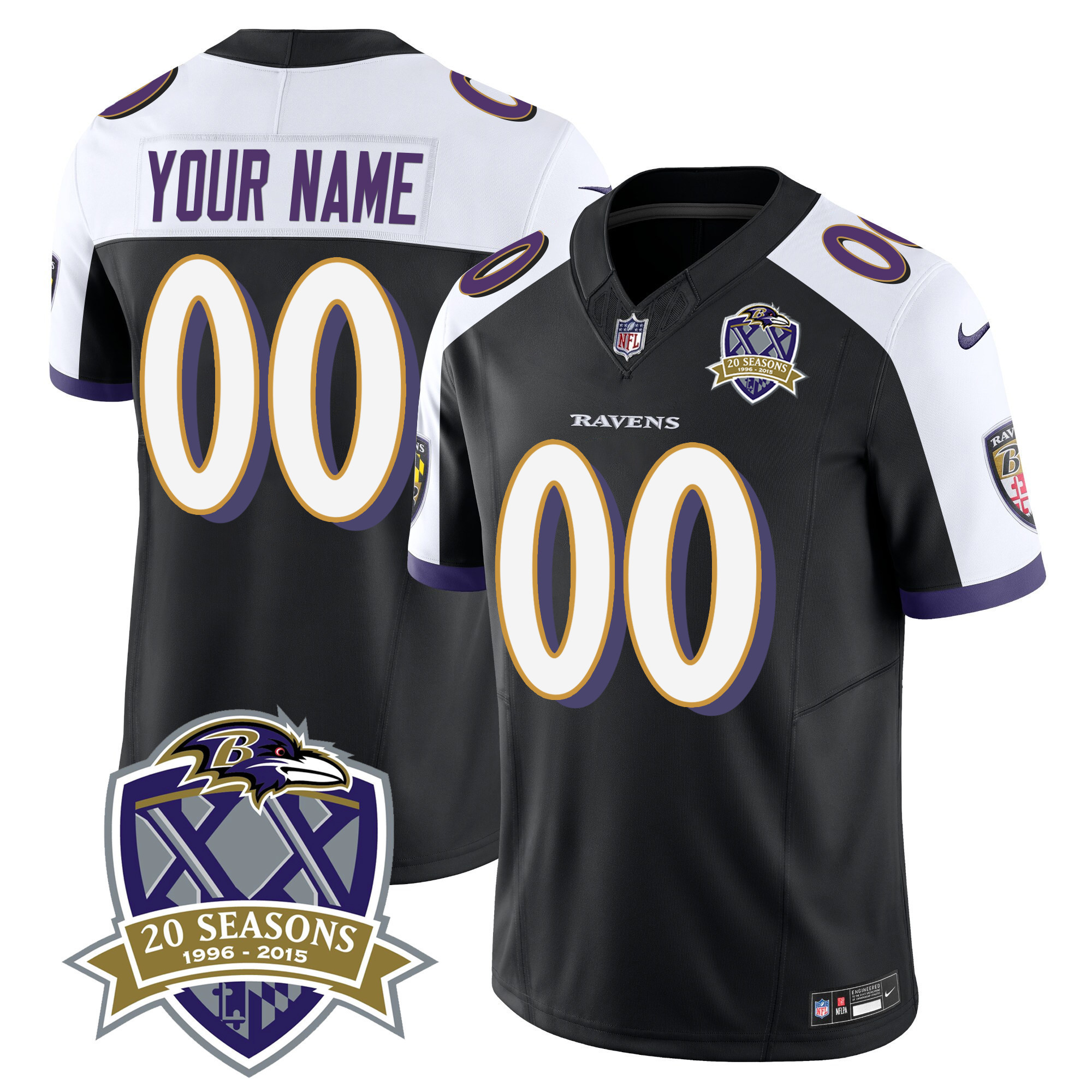 Men's Baltimore Ravens 20th Season Patch Vapor Limited Custom Black Alternate Jersey - All Stitched