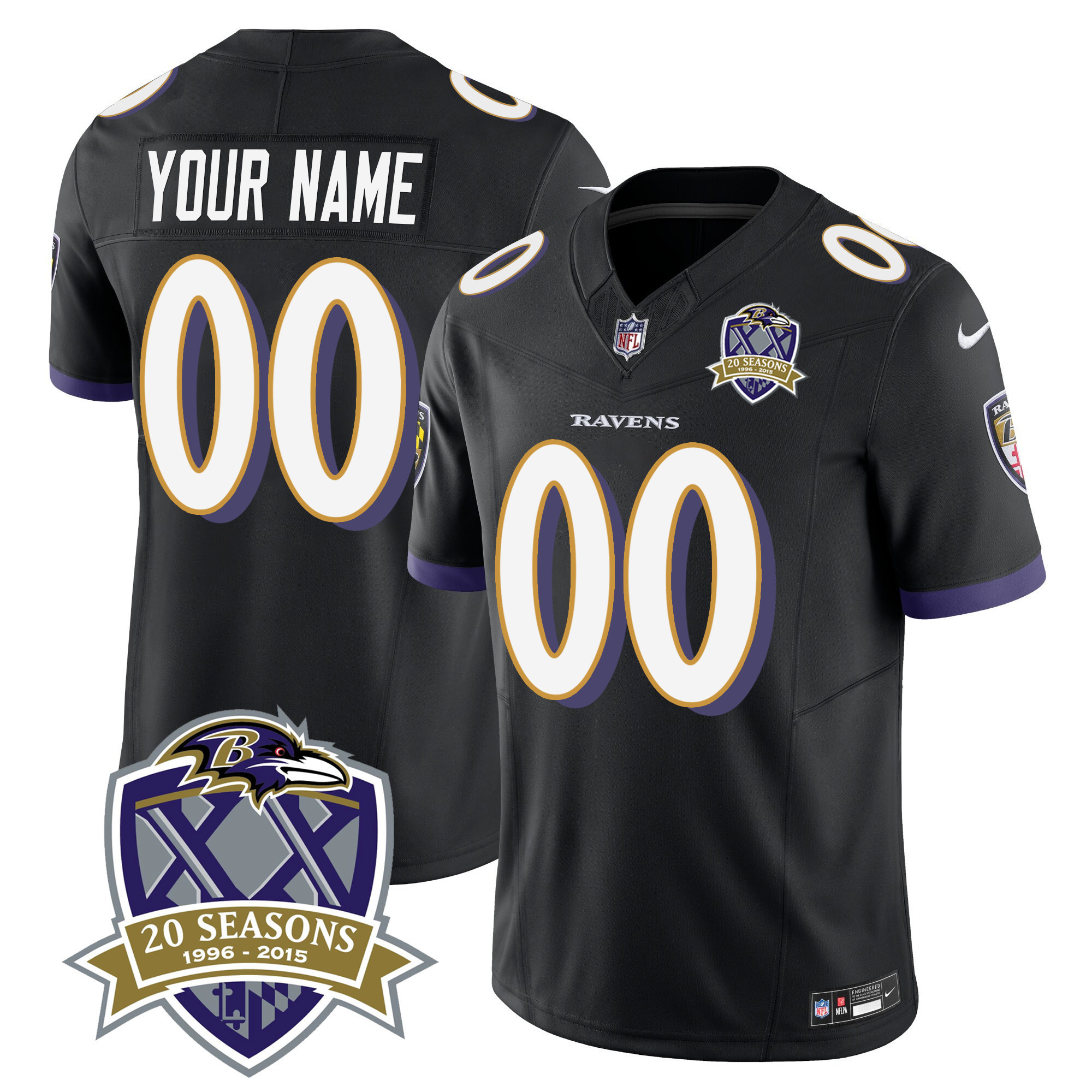 Men's Baltimore Ravens 20th Season Patch Vapor Limited Custom Black Jersey - All Stitched