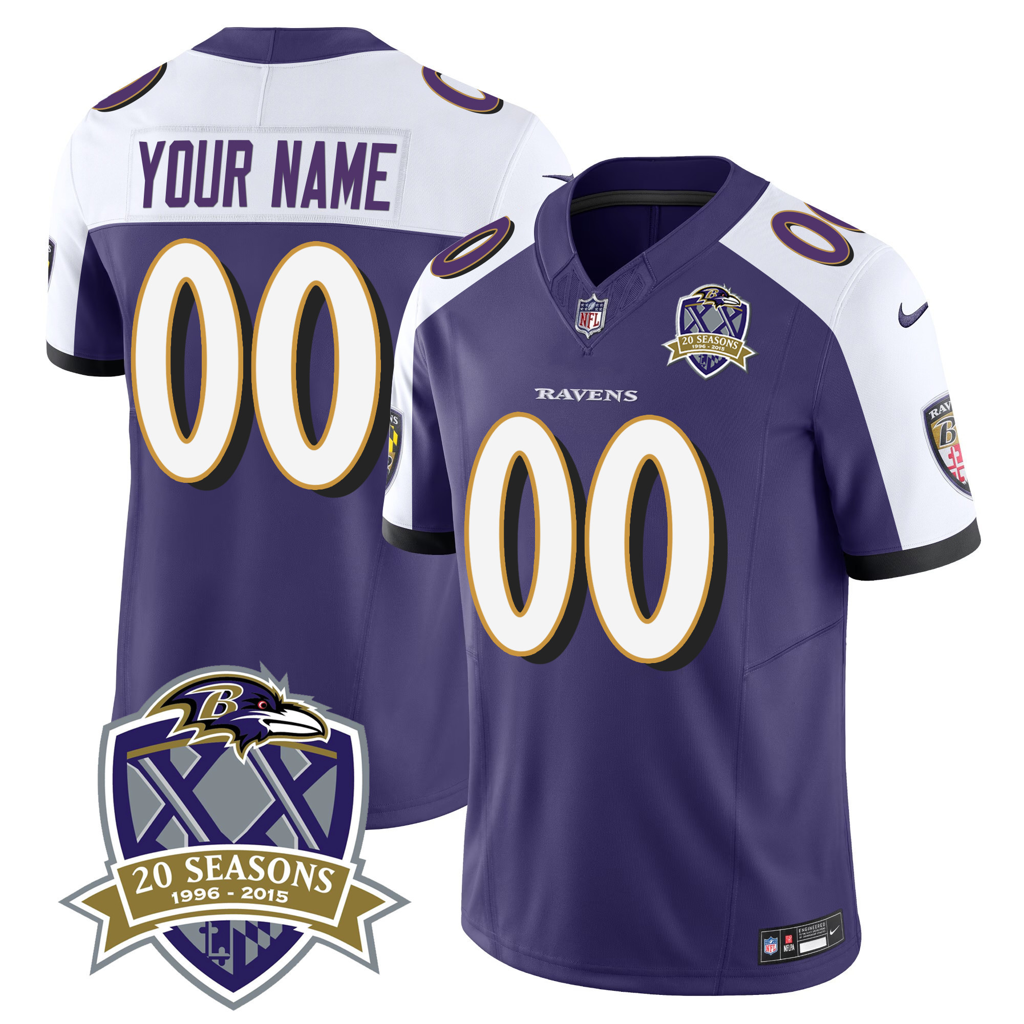 Men's Baltimore Ravens 20th Season Patch Vapor Limited Custom Purple Alternate Jersey - All Stitched