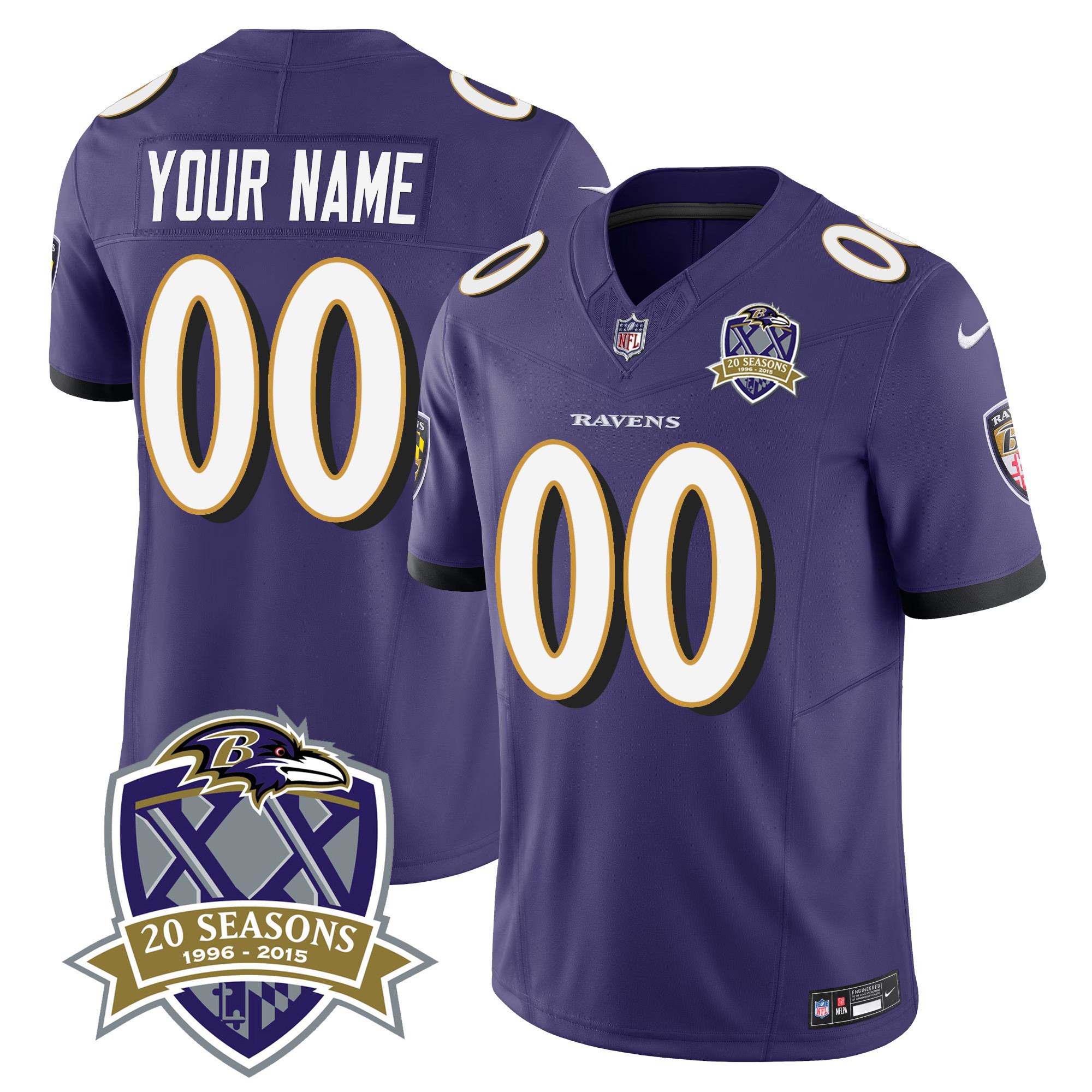 Men's Baltimore Ravens 20th Season Patch Vapor Limited Custom Purple Jersey - All Stitched