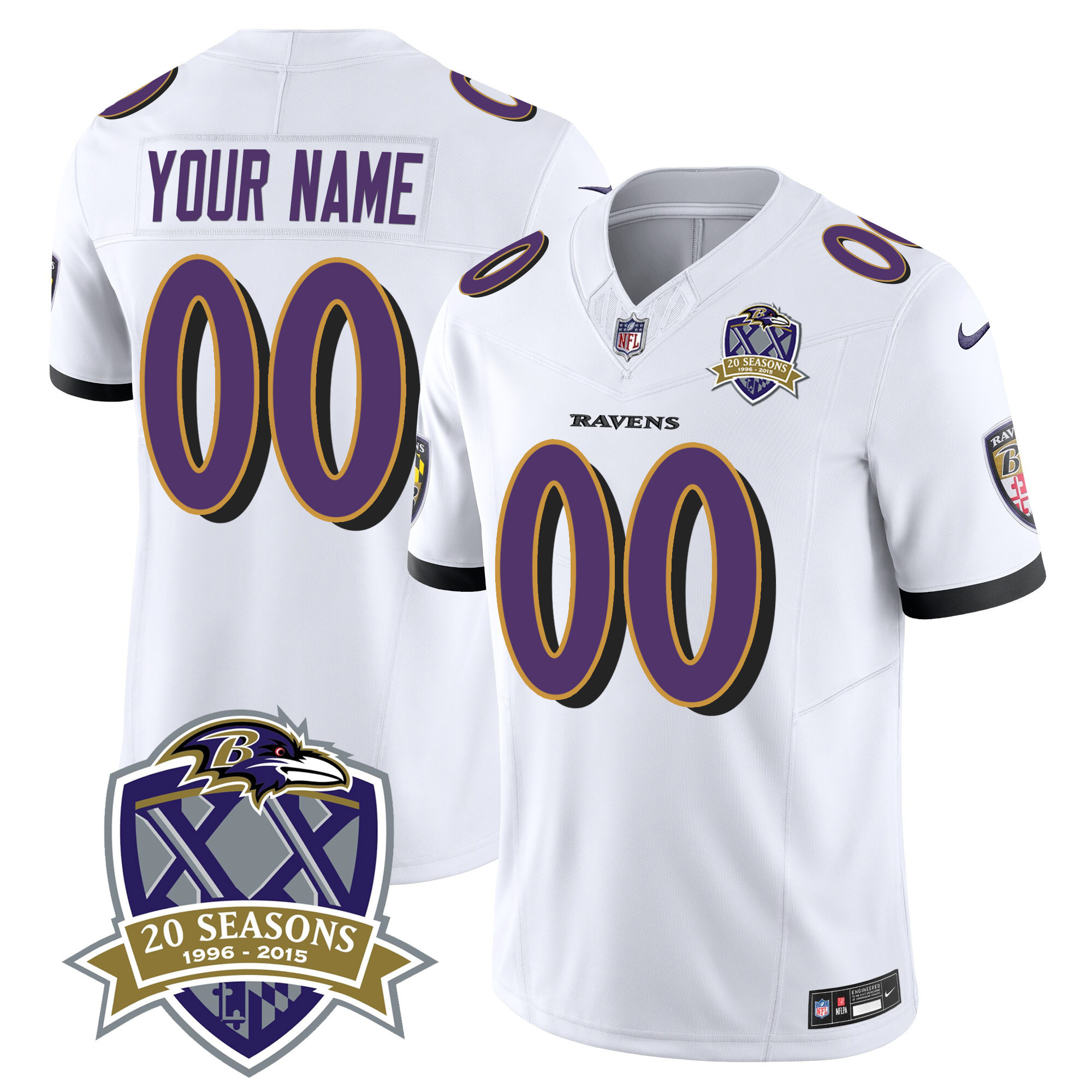 Men's Baltimore Ravens 20th Season Patch Vapor Limited Custom White Jersey - All Stitched